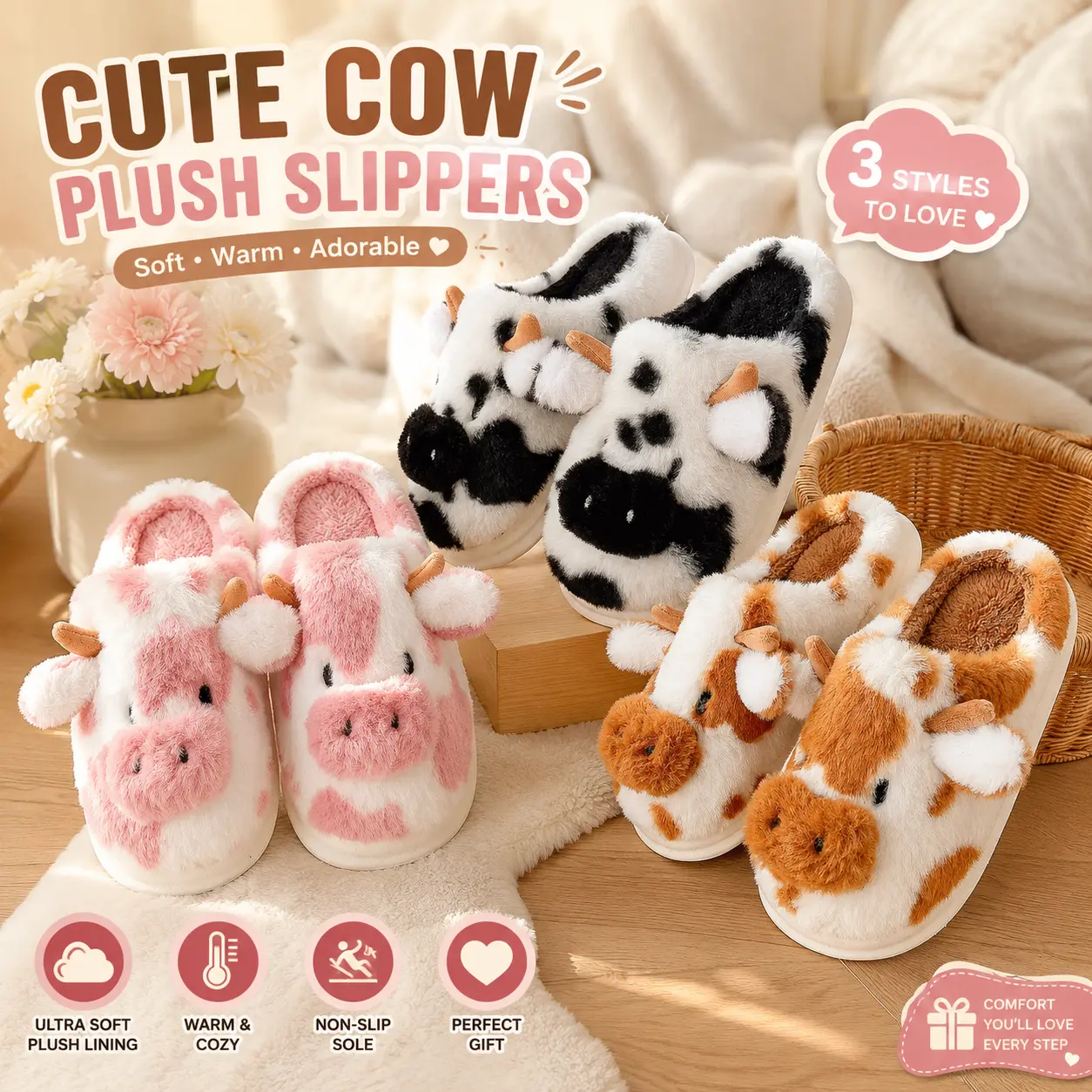 Women's Cute Cow Plush Sports Slide Slippers - Soft Fuzzy, Warm Cozy, Non-Slip Indoor Winter Animal Slippers for Girls