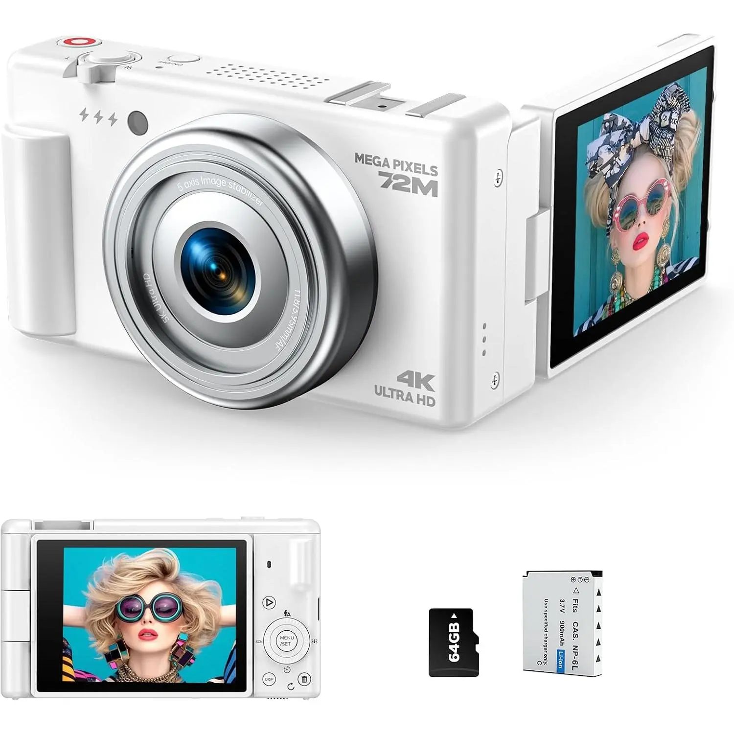 4K Digital Camera with Flip Screen, CCD Camera for Students, Compact Travel Cameras for Photography, 18X Digital Zoom Vlogging Cameras for YouTube, Ideal for Bignners Boys Girls