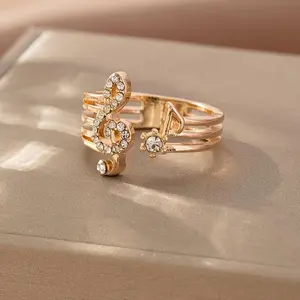 Sparkly Music Note Cubic Zirconia Open Adjustable Ring, Unisex Fashion Jewelry for Parties, Everyday Wear, Birthday Gift