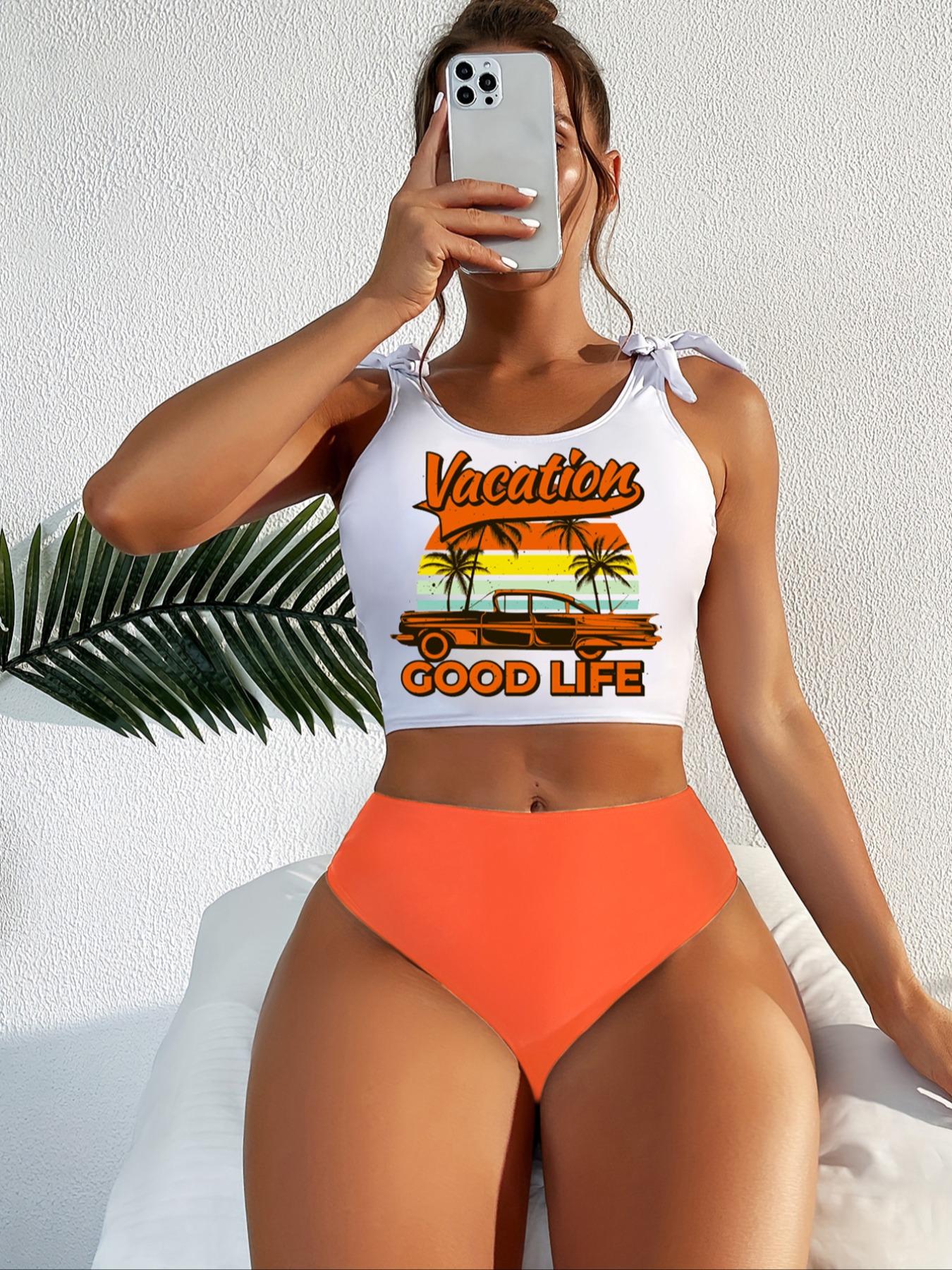 Women's Coconut Tree Print Swimsuit Crop Tankini Tops & Tankini Bottoms Swimsuits Sets, Bathing Suits, Casual Summer Swimwear Set for Beach Holiday, Tropical Print Tankini Swimsuits 2 Piece, Tankiniswimsuit, Tankinisuit, Swimming