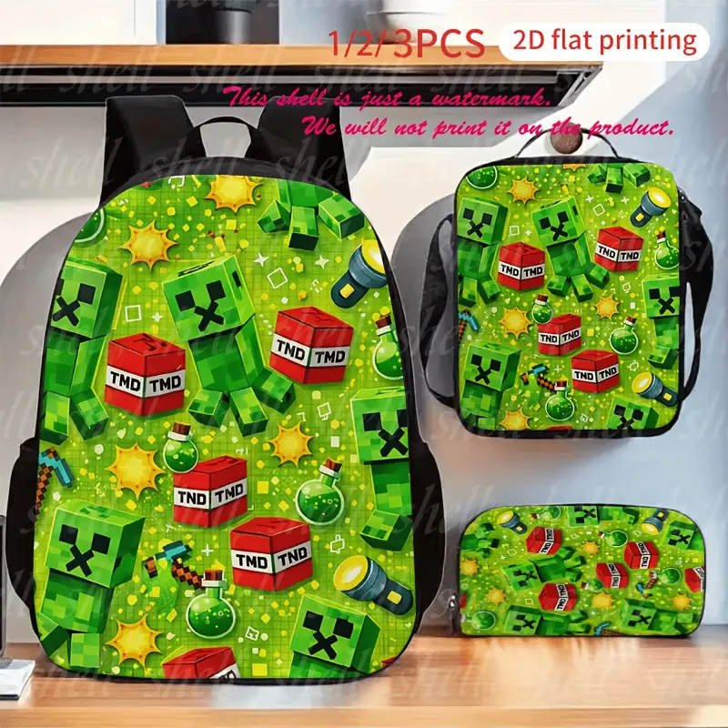 Minecraft Themed Waterproof 3-Piece Oxford Schoolbag Set - Creeper TNT Block Vibrant Green Game Pattern, Ideal for Daily School Commutes, Casual Outdoor Adventures