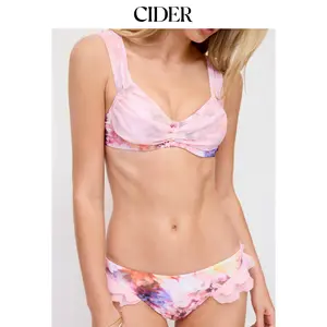Cider Mesh Sweetheart Floral Tie Dye Ruffle Underwire Bikini Set