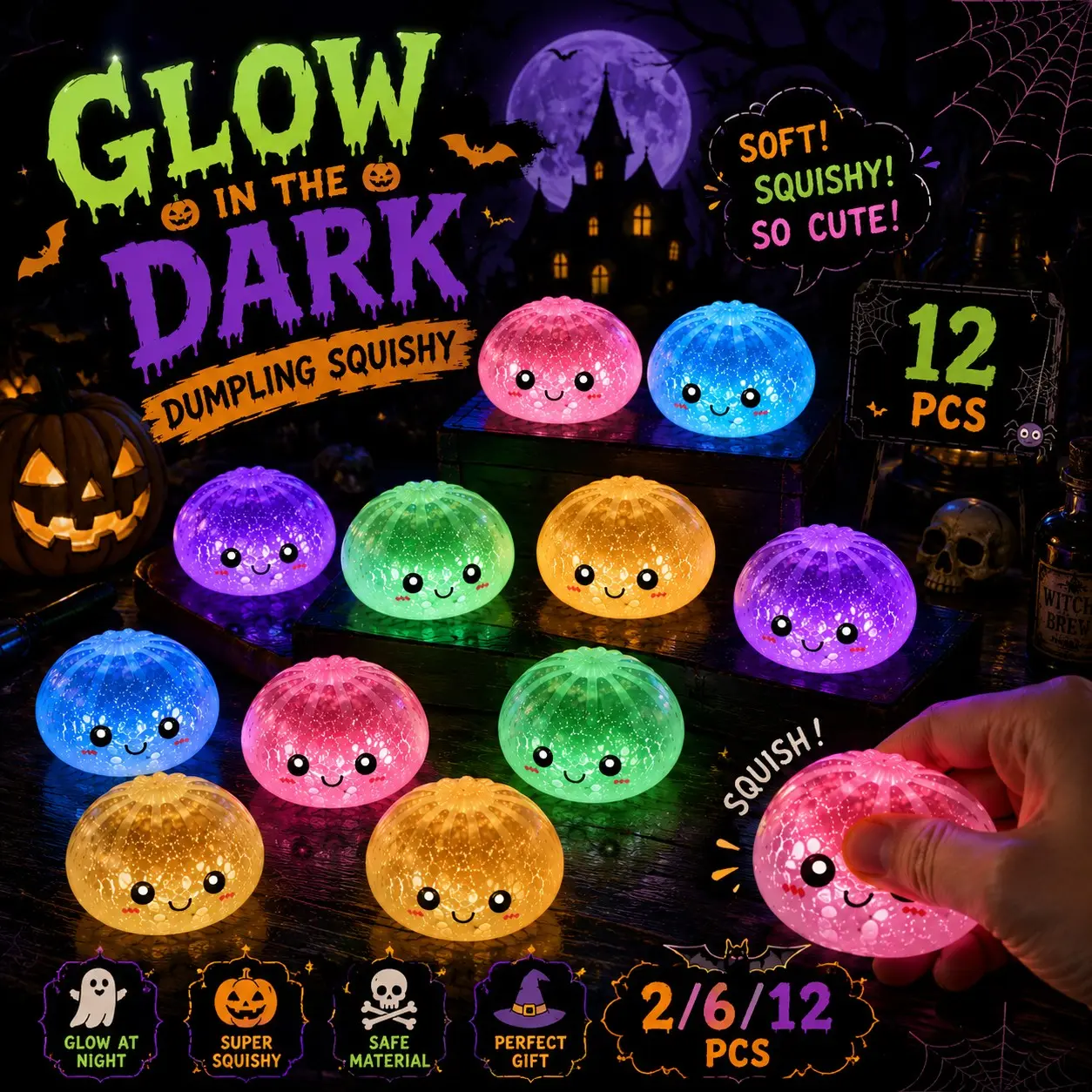 Glowing Expressive Dumpling Squishy Mystery Blind Box Available in 2/6/12 Counts, Gentle TPR Calming Sensory Toy, Surprise Random Designs, Popular Exchange Gift for Children and Teens for Valentine’s Day & Easter