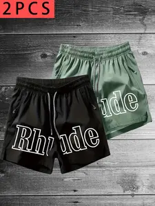 Men's Sporty Slim-Fit Performance Shorts, 2-Pack Rhude Letter Print, Quick-Dry Lightweight Breathable, Drawstring Zipper Pockets, All Seasons