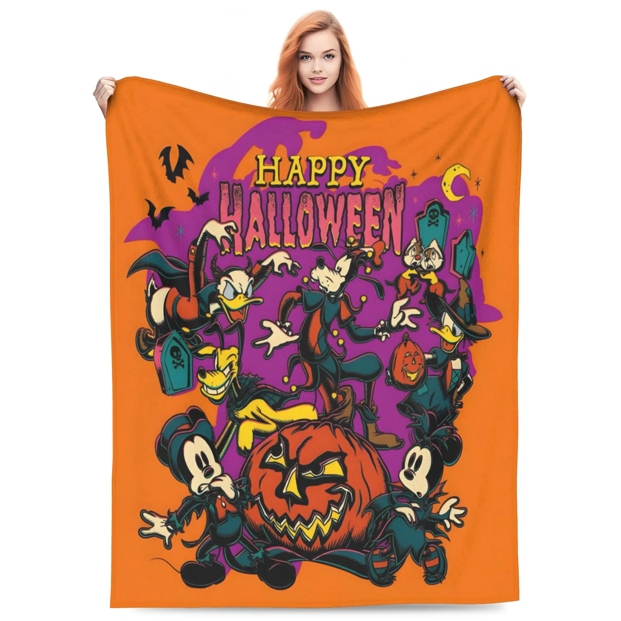 DISNEY CLASSIC Happy Halloween Mickey Crew Flannel Blanket. Mickey, Minnie, Donald, Goofy, Pluto with jack-o'-lantern, bats & tombstones. Soft throw for Halloween movie nights, perfect seasonal gift.