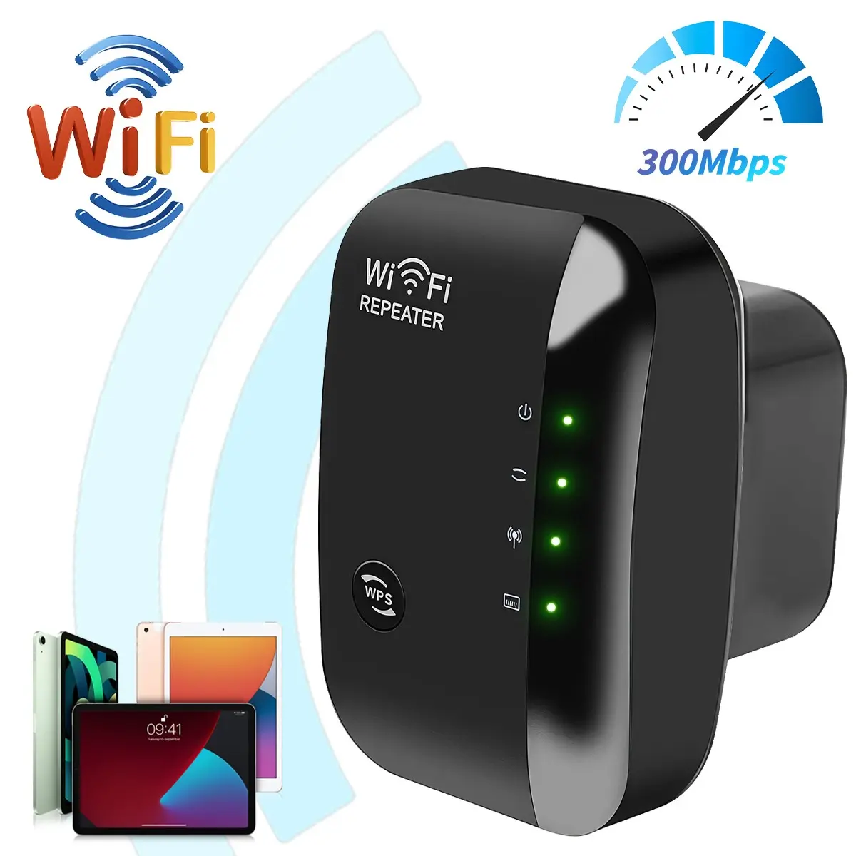 WiFi Signal Booster, 2.4GHz Long Range Wireless Extender, Internet Extender, WiFi Repeater, 5000 Sq. Ft Coverage, 300Mbps Network Amplifier, WPS One Key Pairing, Dual Working Mode for Smart Home, Living Room & Bedroom