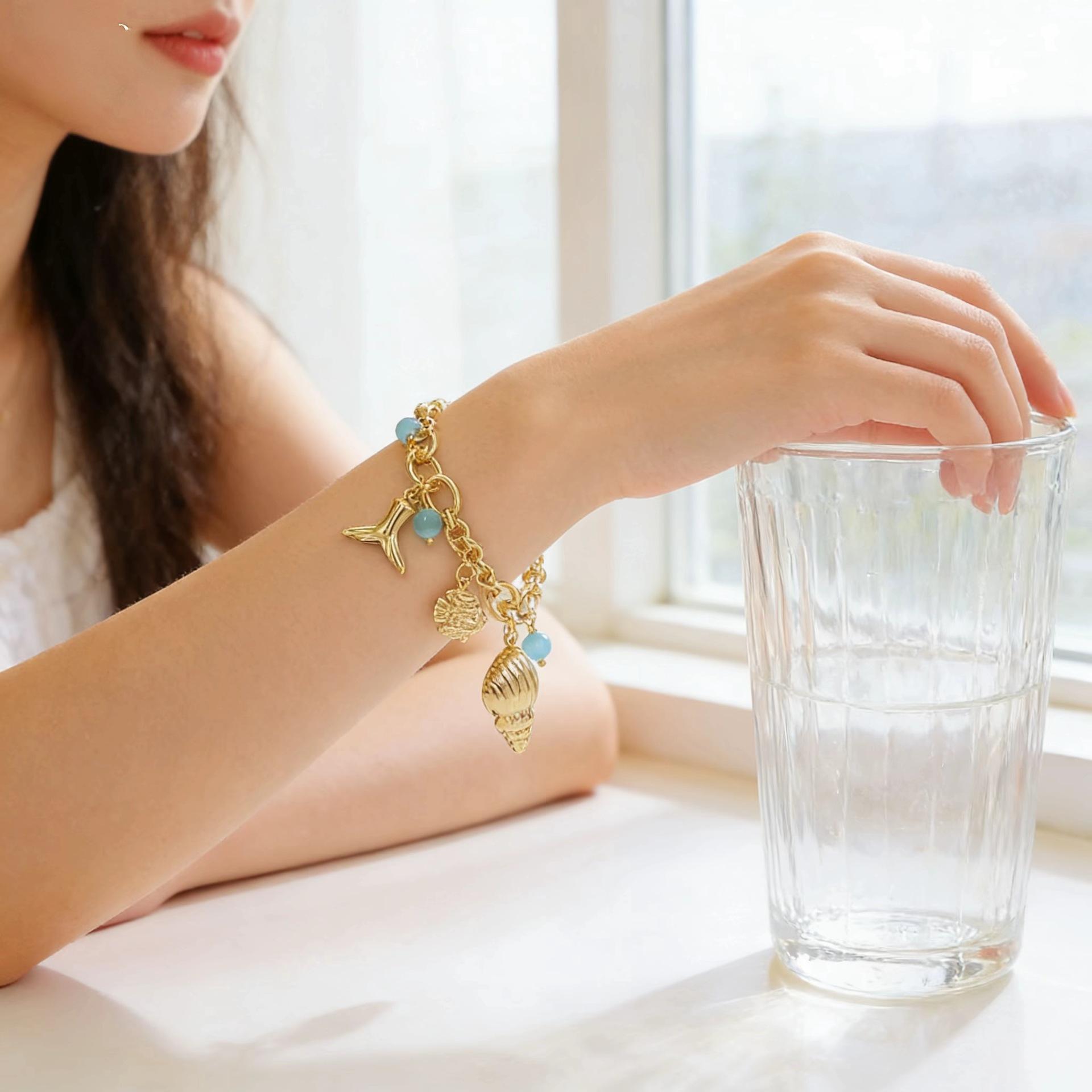 Ocean Inspired Shell Conch Mermaid Tail Bracelet, 18K Gold Plated with Blue Cat Eye Stone, Minimalist Unique Design, Trendy Summer Beach Jewelry for Women, Perfect for Daily Wear, Vacation & Beach Outfits