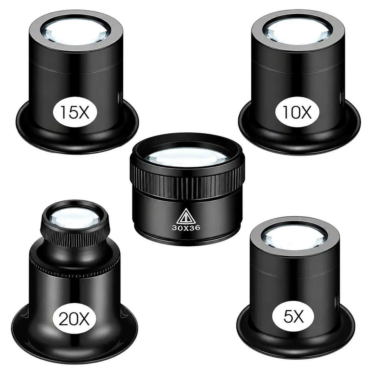 Professional 5-Piece Portable Jewelers Loupe Set with Interchangeable 5X, 10X, 15X, 20X, and 30X Magnification Lenses — Compact 36 mm Optical Glass for Jewelry Inspection, Watch Repair, Coin Grading, Textile Analysis, and Precision Electronics Work