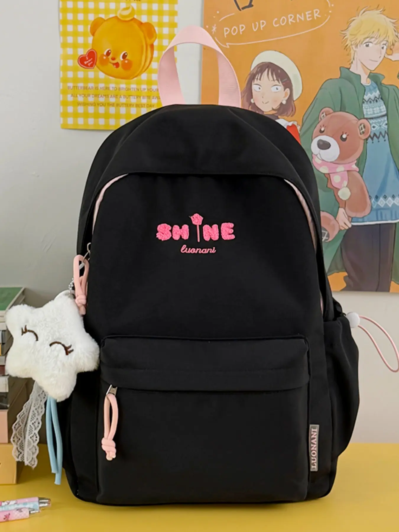 Macaron Color Casual Backpack, Soft Fabric with Cute Charms, Multi-Layer Large Capacity, Lightweight, Suitable for Students, Travel
