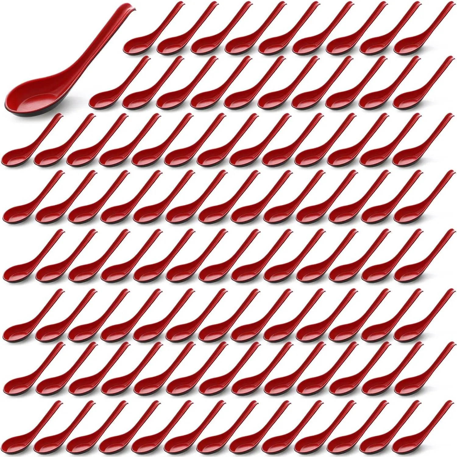 Hushee 100 Pcs Asian Chinese Soup Spoons 6.3 Inches Japanese Korean Miso Soup Spoons Red and Black Bulk with Hook for Soba Wonton Rice Pho Ramen Noodle Dumpling