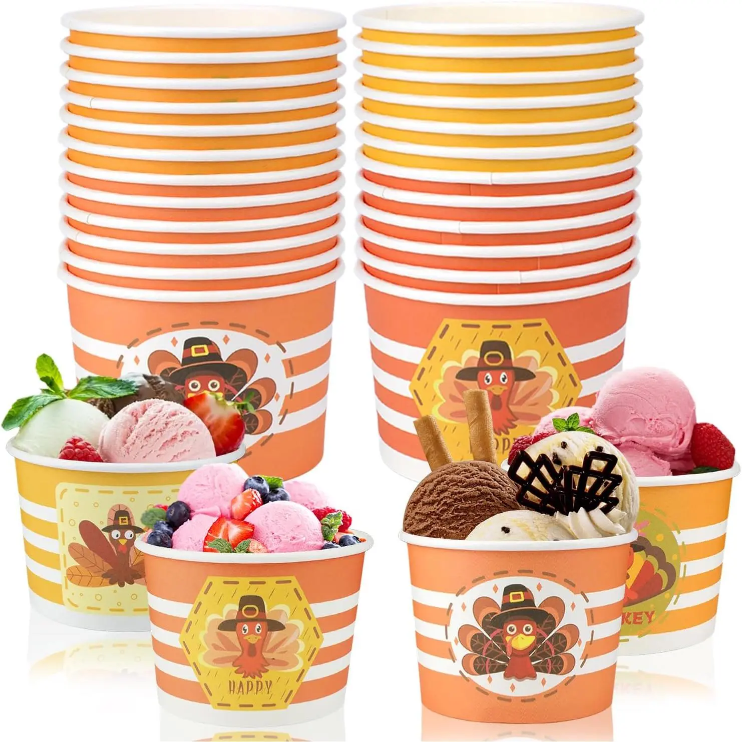 24 count Thanksgiving Party  Snack Cups, Happy Thanksgiving Day Party Disposable Paper Cup Dessert Ice Cream Bowls for Turkey Day Party Decoration, Thanksgiving Party Supplies Ice Cream Cups
