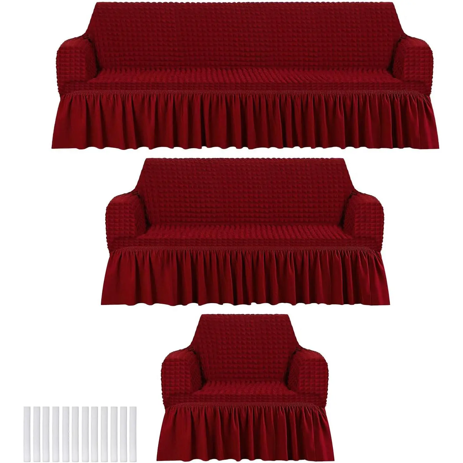 3 Pcs Stretch Sofa Slipcover Set - Durable Washable High Elastic Furniture Couch Covers with Skirt for Couch Cushion, Sofa Loveseat Arm Chair (Burgundy Seersucker)