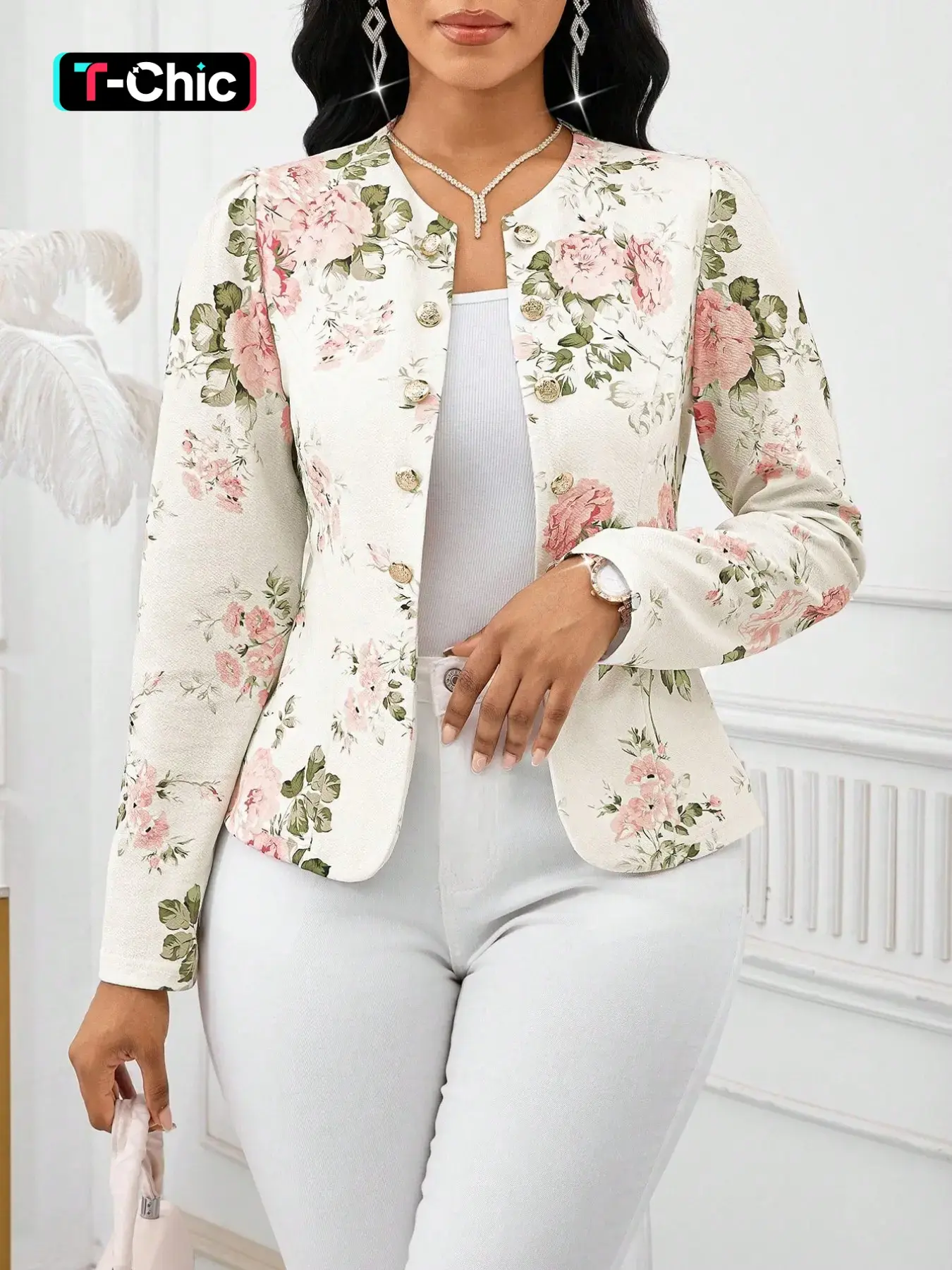 Women's Floral Style Lightweight Long Sleeve Open Front Dressy Blazer, Button Detail Design, Business Casual Outerwear for Fall & Winter