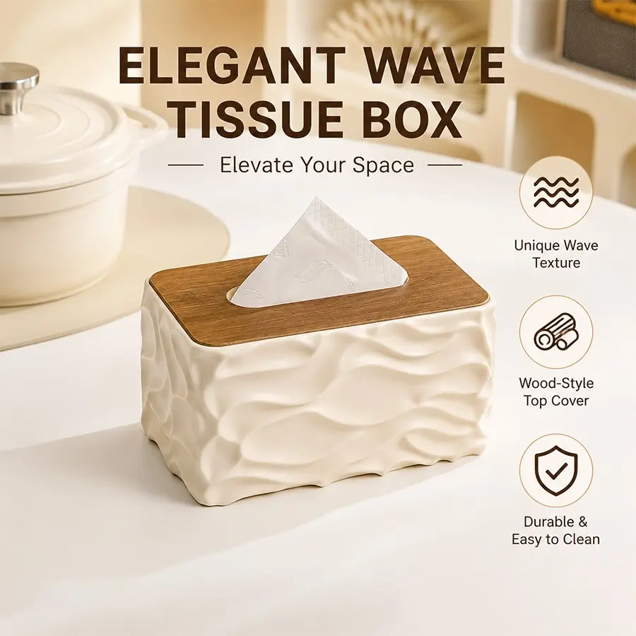 Nordic Minimalist Style Corrugated Tissue Box, Arched Handkerchief Box with Wood Grain Lid, Large Napkin Dispenser, Autumn-Themed Bathroom Decoration