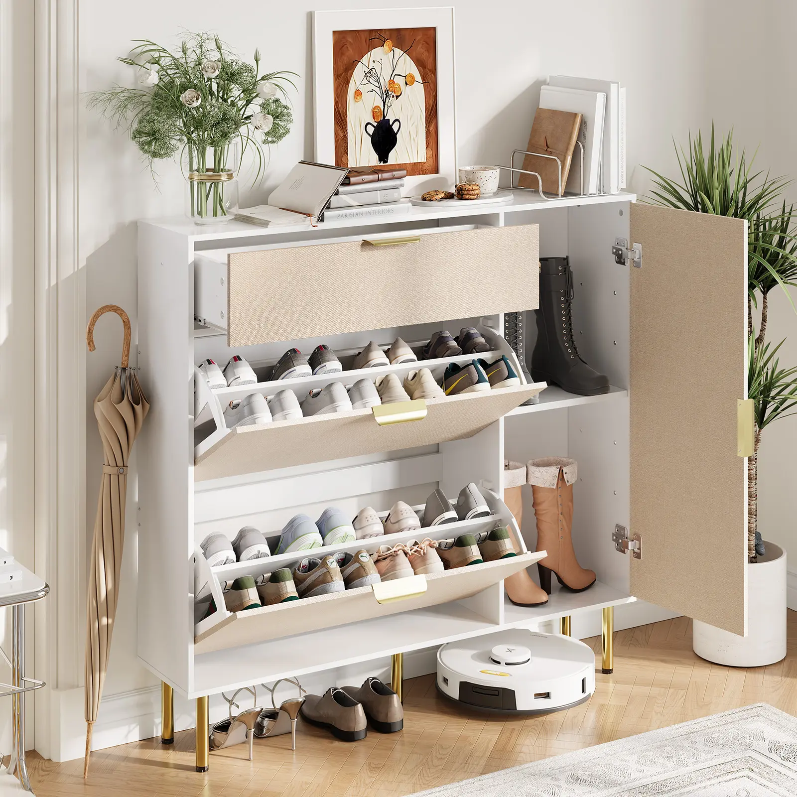 Slim Entryway Shoe Storage Cabinet, Narrow Freestanding Organiser with 2 Flip Drawers, Adjustable Shelf, Anti-Tip Design, Metal Legs for 36 Pairs of Shoes