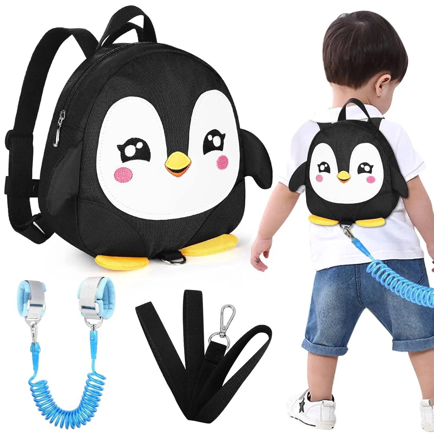 Toddler Harness Backpack Leash, Cute Penguin Kid Backpacks with Anti Lost Wrist Link, Mini Child Backpack Harness Leashes Walking Wristband Rope Travel Bag Harness Rein for Baby Girls (Black)