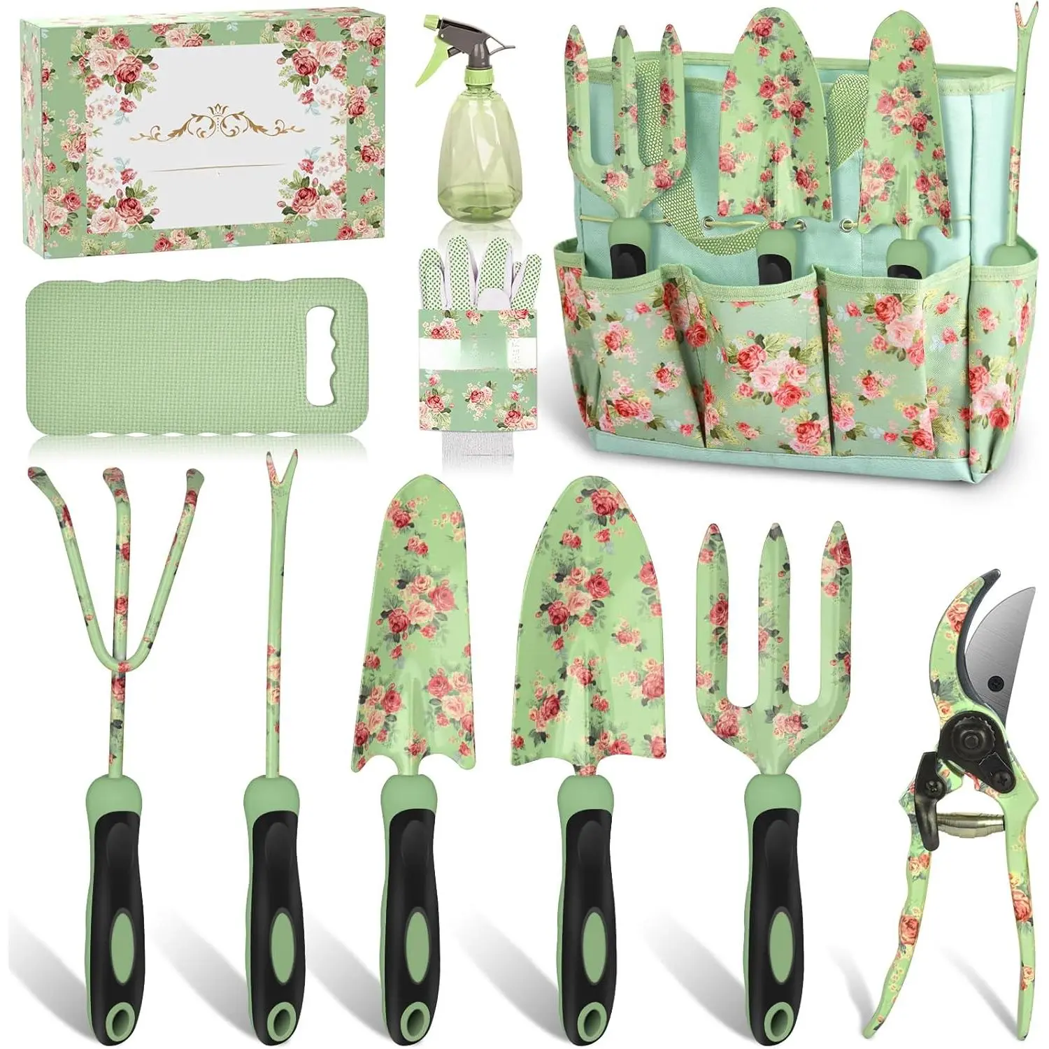 Gardening Tools, 10 Piece Heavy Duty Garden Tools Set with Handle, Durable Fashion Garden Organizer Handbag, Ideal Gardening Gifts  Women