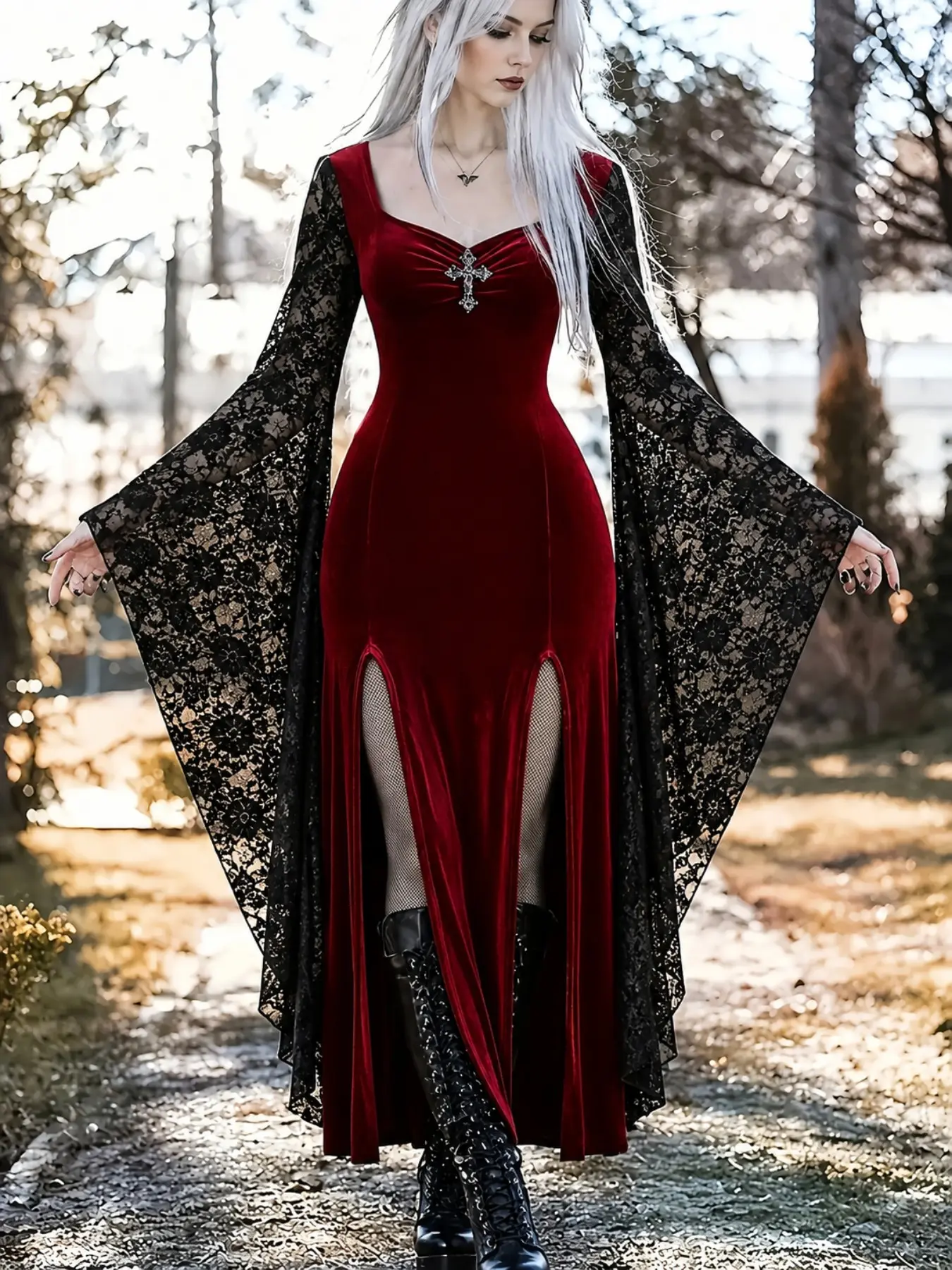 Vintage Vampire Style Heart Neckline Dress, Contrast Lace Long Sleeve Velvet Gown, Slim-Fitting Fall & Winter Fashion, Plain Pattern