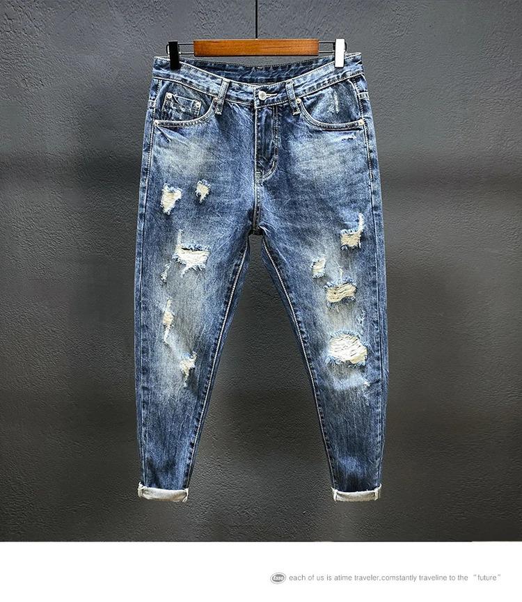 Nine-point jeans with holes for men's thin fashion brand slim feet in summer and summer Korean  style spring and autumn pants