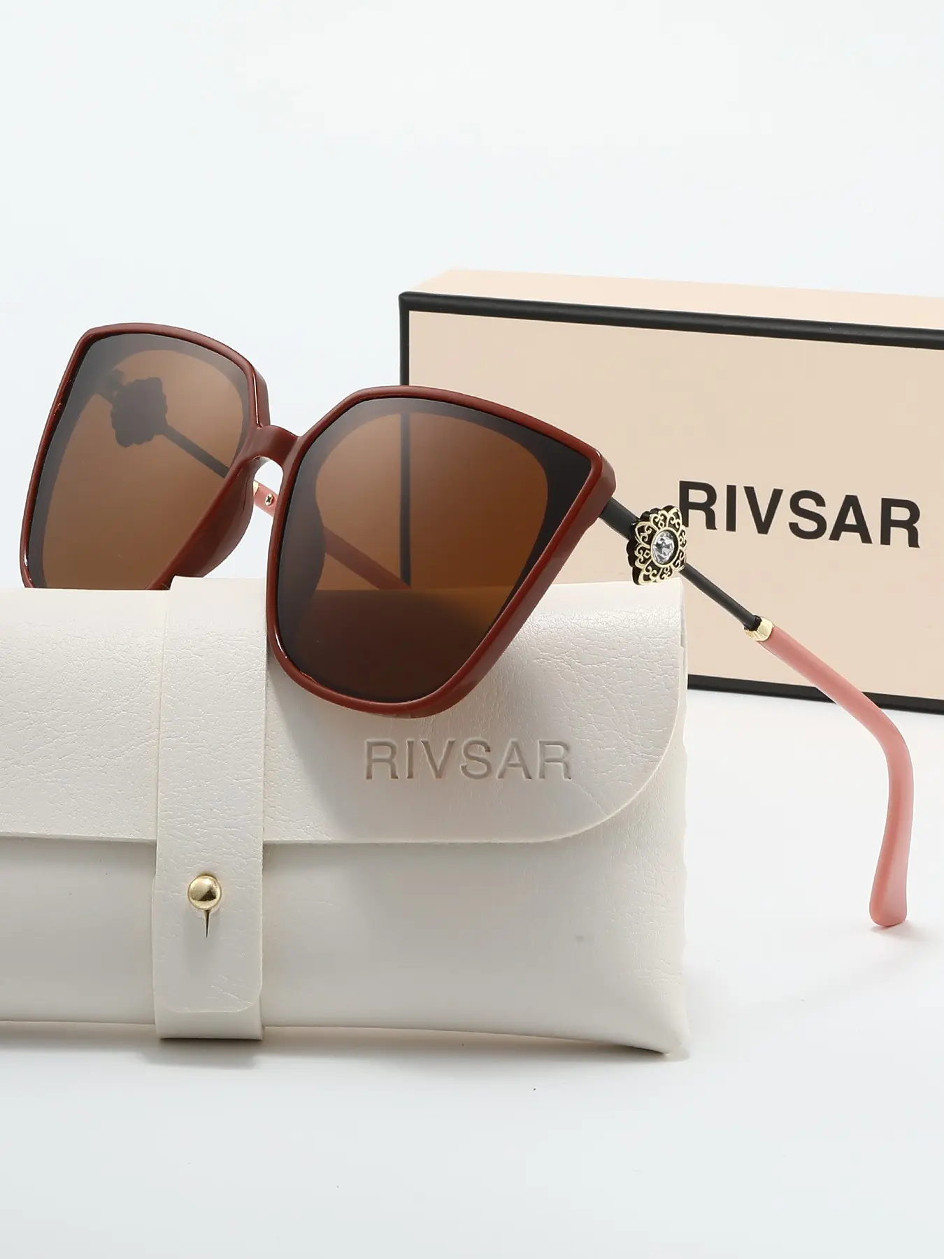 RIVSAR Fashion Polarized Cat Eye Sunglasses for Women, Rhinestone Decor, Summer Travel, Outdoor Leisure, Street Style, Beach, Daily Wear, Gift Box