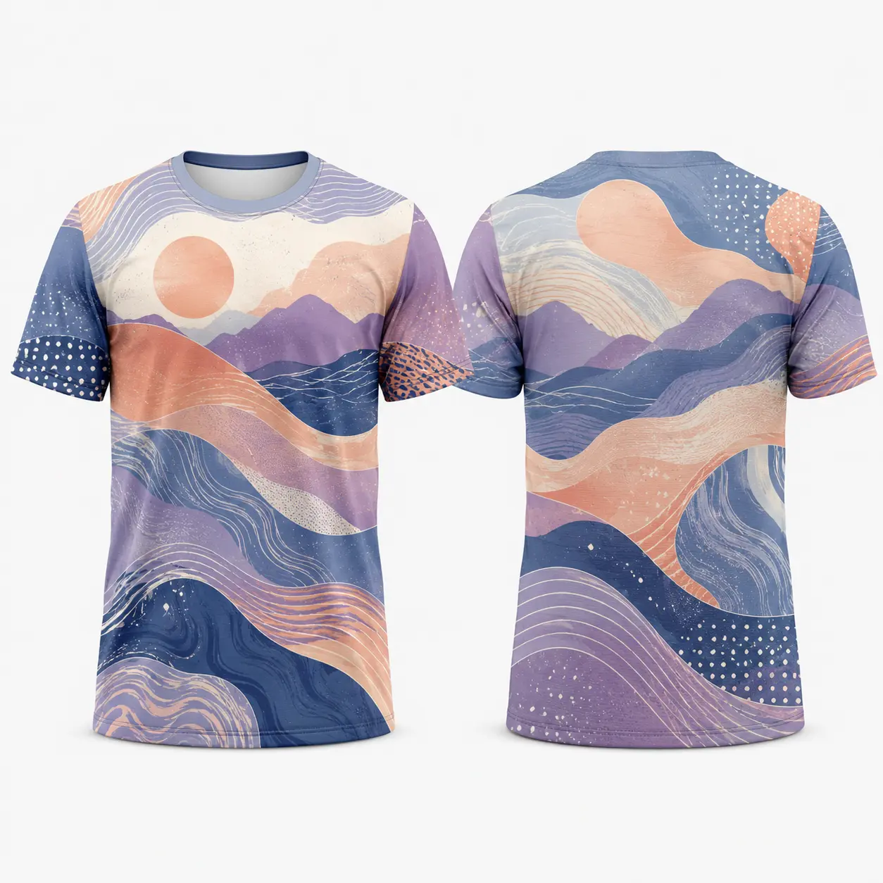 Aesthetic Wave Print T-Shirt, Unisex Short Sleeve Streetwear Top in a Pastel Gradient, Lightweight Menswear Tee for Summer Festivals, Vibe
