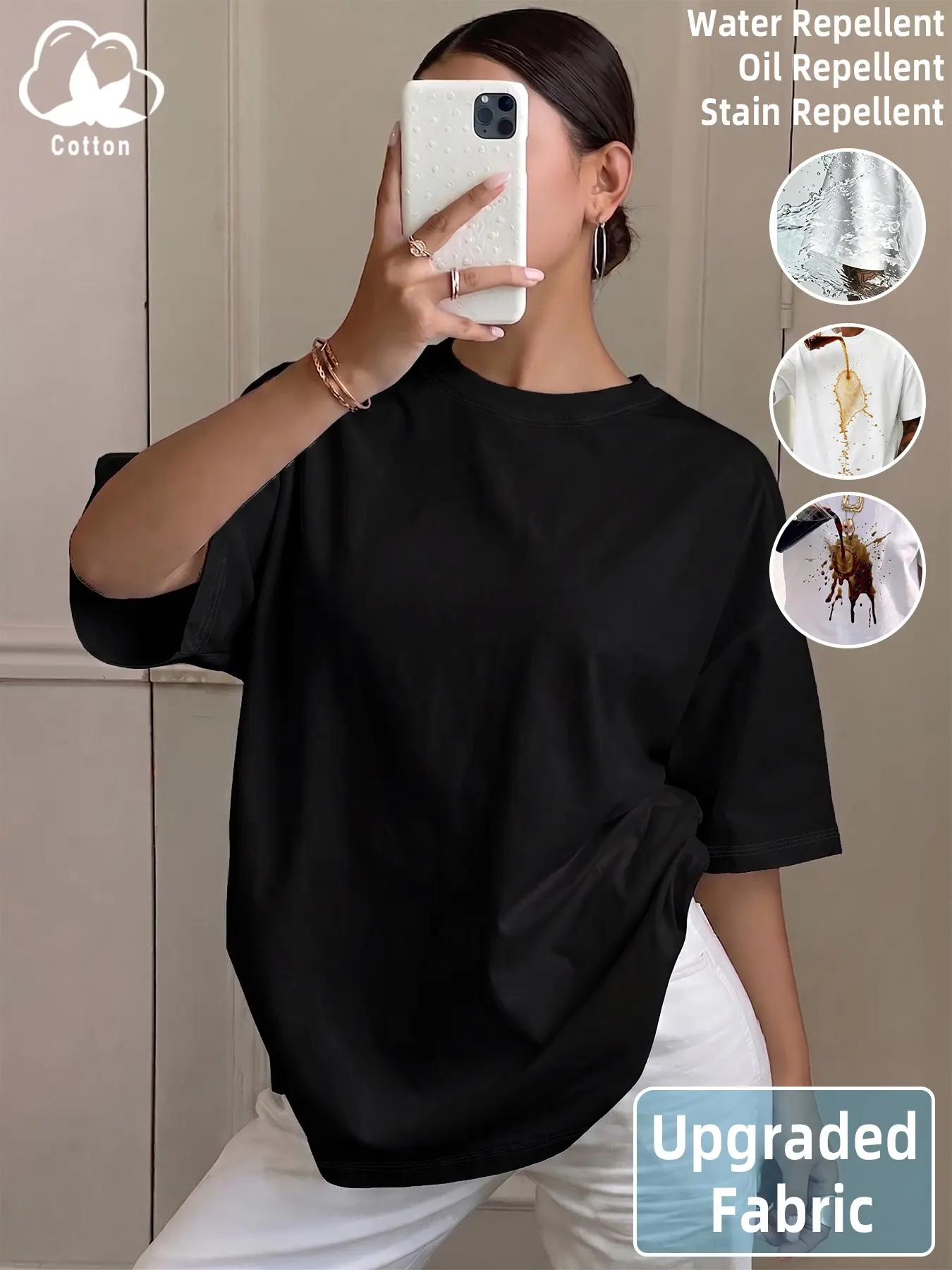 2026 Tiktok Viral Quiet Luxury Women Oversized Waterproof Stain Resistant T Shirt, Crew Neck Short Sleeve Oil Repellent Upgrade Fabric Boxy Basic Tee, Breathable Wrinkle Free Loose Fit Minimalist Plain Solid Color Top,Anti Stain Easy Care Basic Tee Shirts