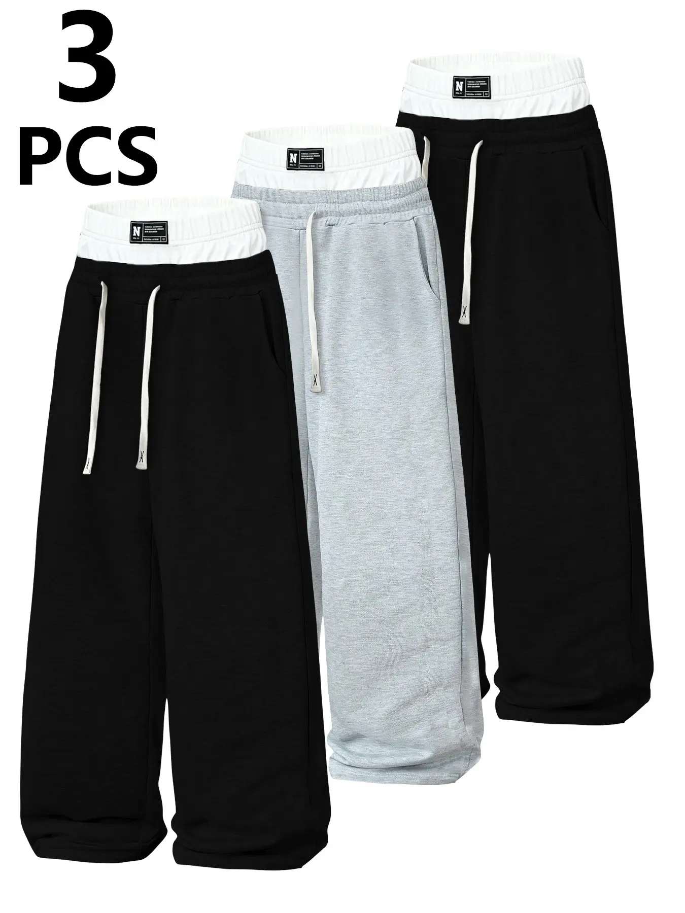 3-Pack Men's Fake Double Waistband Wide-Leg Sweatpants, Loose Drapey Baggy Joggers, Knitted Sports Pants, Drawstring Casual Trousers With Deep Side Pockets, Ideal For Gym Training, Daily Commute, Campus Street Outings, Running, Outdoor Activities