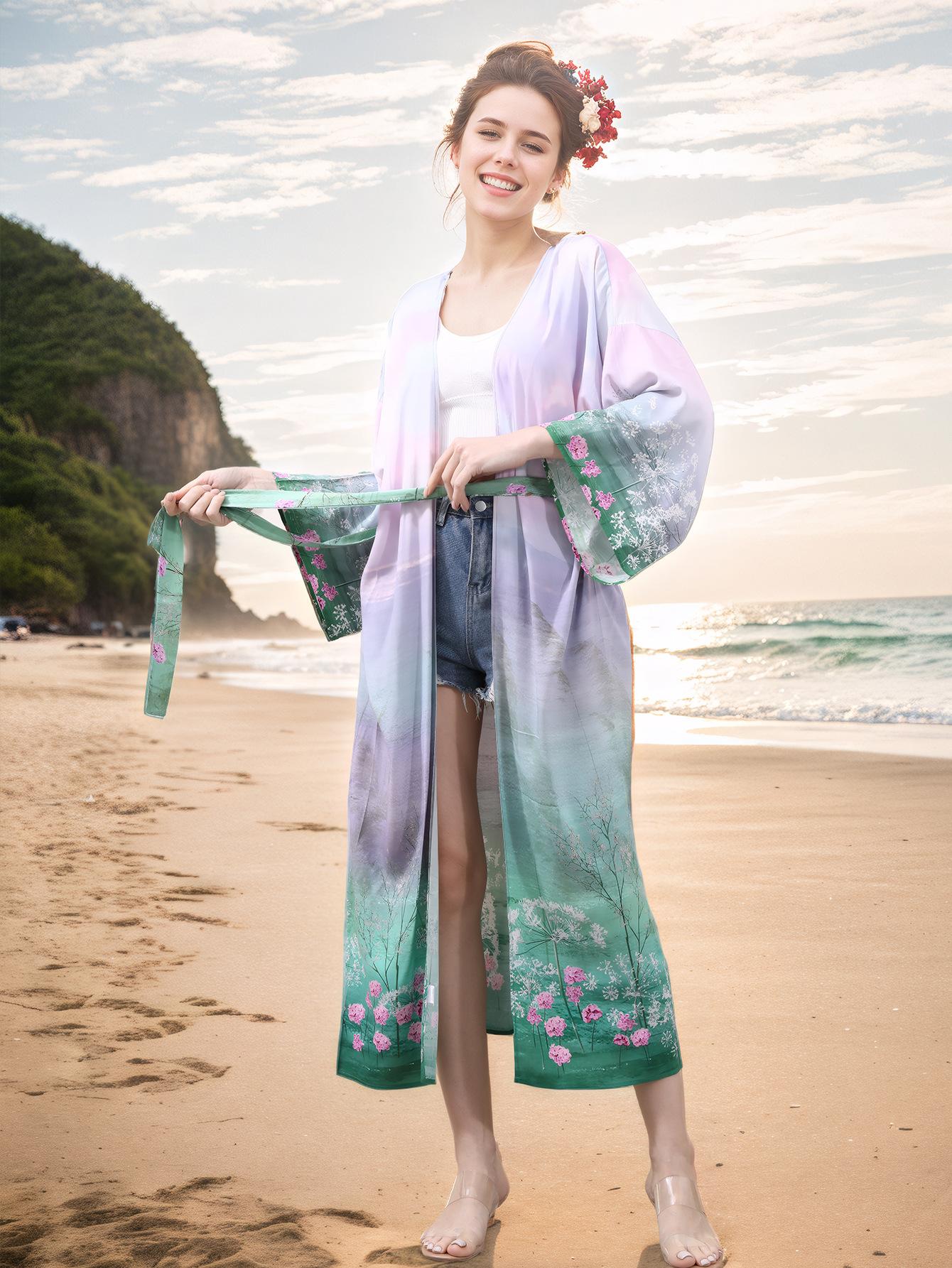 Women's Sheer Belted Kimono Beach Cover Up - Long Sleeve Floral Ombre Kaftan for Summer Vacation,#ResortWear, Poolside Outfits & Beachwear,Shirt-style beach cover-up, vacation bikini sunscreen shirt