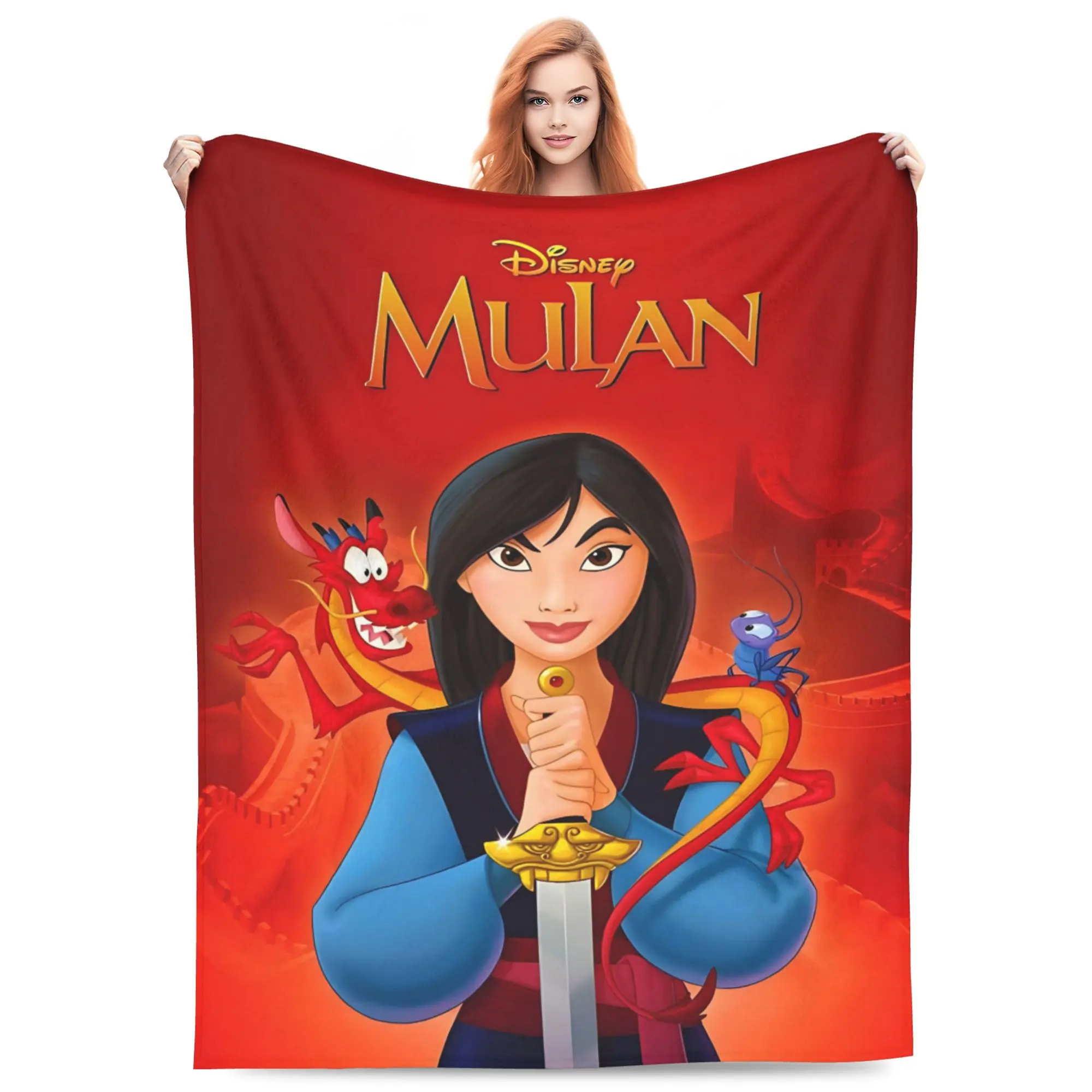 DISNEY CLASSIC Mulan Throw Blanket, Princess Mulan Mushu Cri-Kee Great Wall Red Background Movie Poster Print Flannel Fleece Blanket, Soft Lightweight Cozy Blanket for Sofa Bed Bedroom, Princess Gift for Girls Kids Women