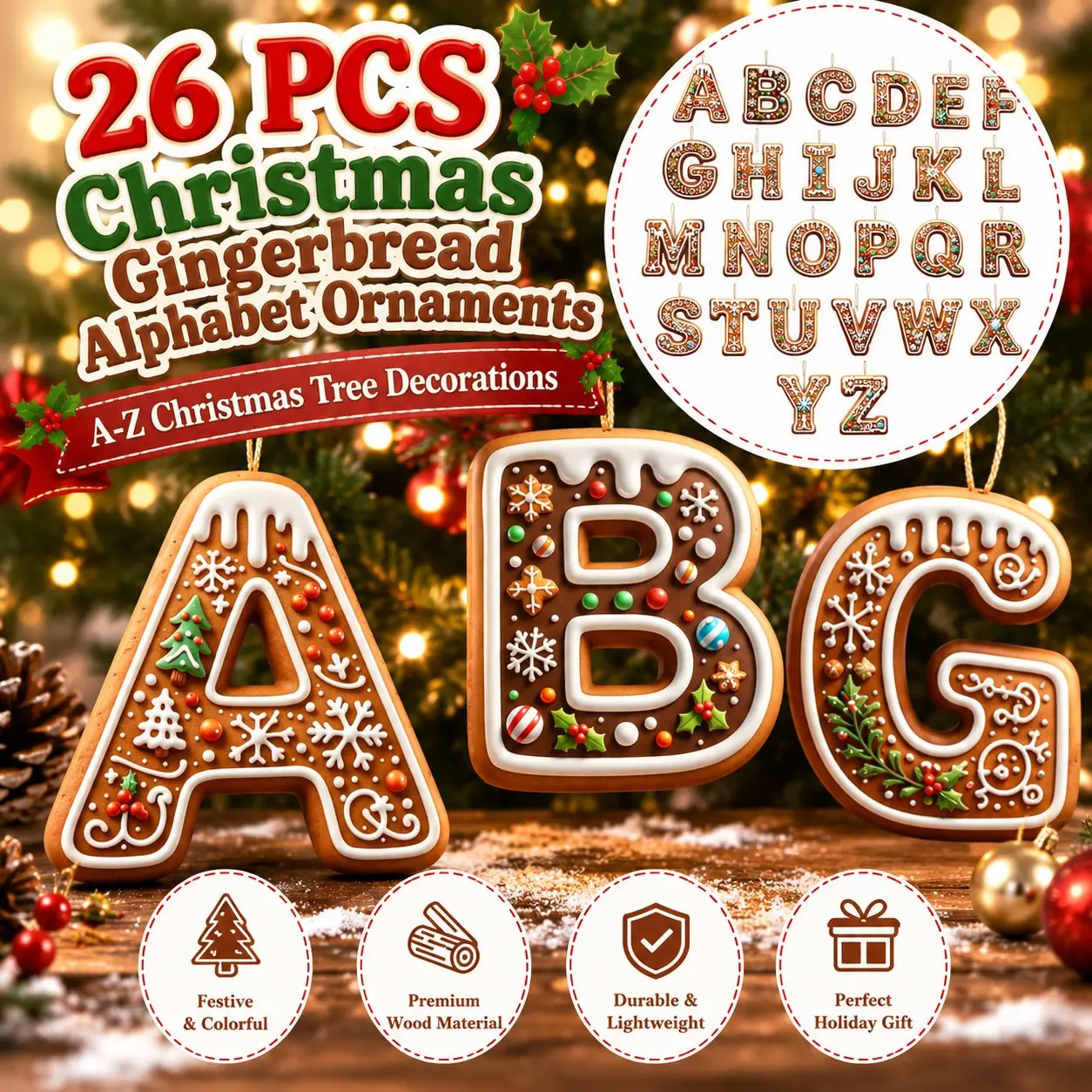 26-Piece Wooden Christmas Decorations DIY, Alphabet Tree Hanging Ornaments, New Year and Christmas Decoration Set, Festive Holiday Accessories