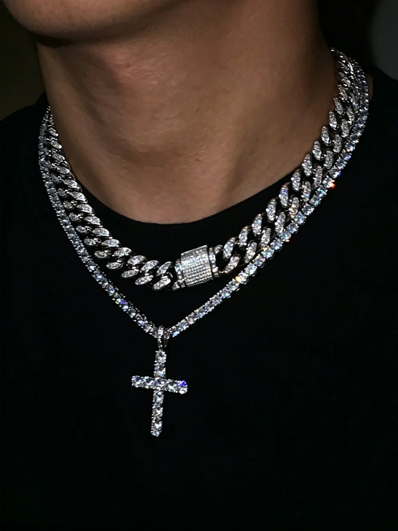 2Pcs Iced Out Cross Pendant Necklace Set, Bling Rhinestone Cuban Chain & Tennis Chain Layering Neck Jewelry for Men Hip Hop Streetwear