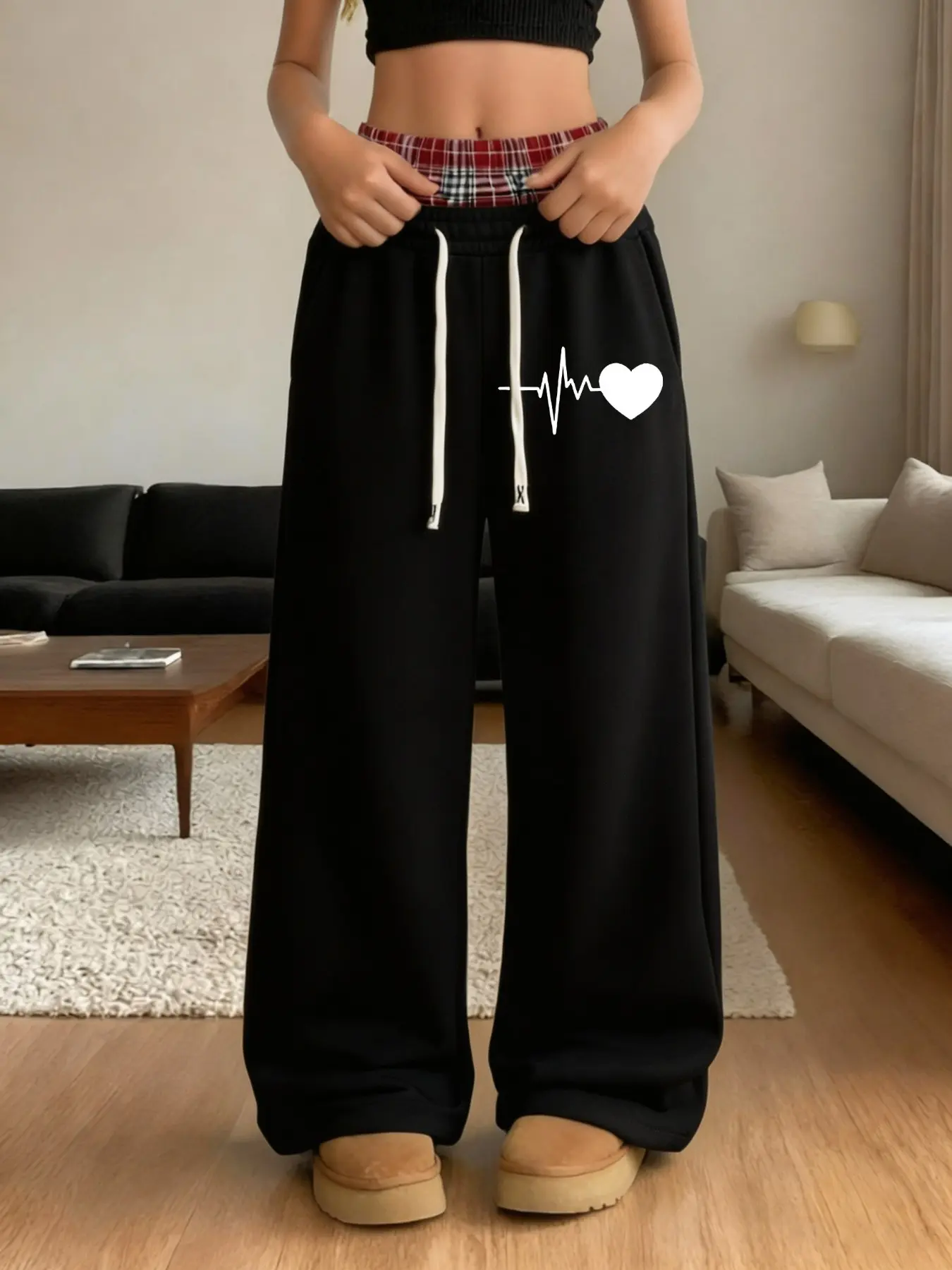 Women's Wide Leg Sweatpants, Heart Print, Grid Double Layer Waist Drawstring, Loose Fit Casual Street Style, Pocket Sports Pants