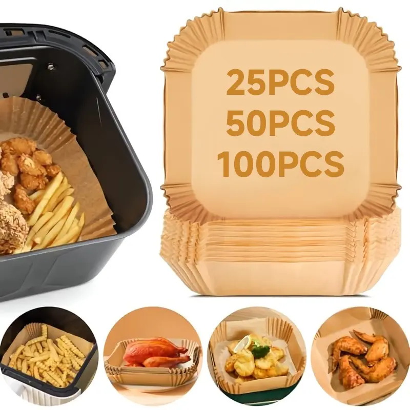 Square Air Fryer Paper Liner, 25/50/100pcs Disposable Non-stick Oil-proof Air Fryer Parchment Paper, Kitchen Cooking Accessories for Home and Hotel Use