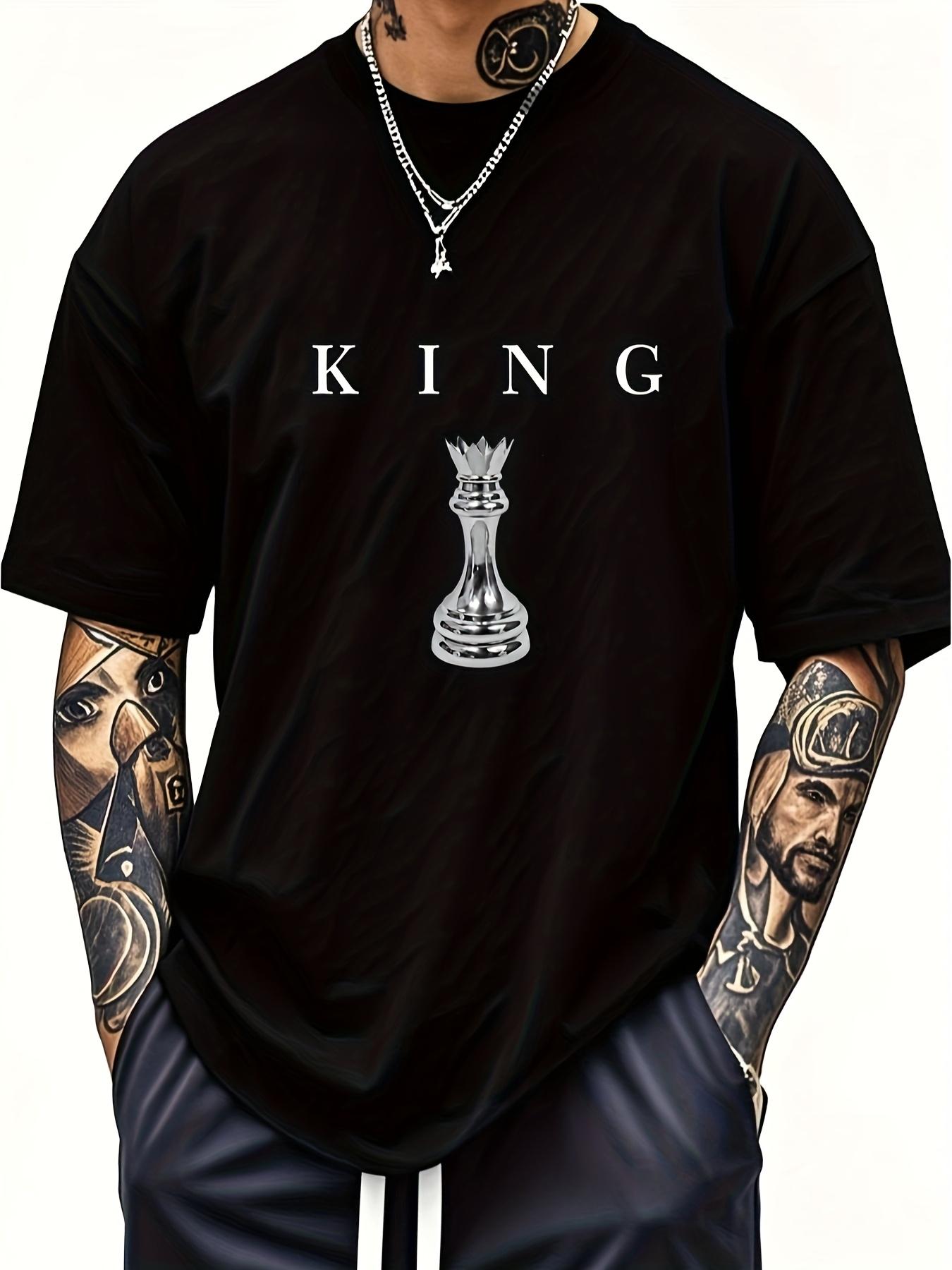 Men's casual round neck retro fashion comfortable loose single-sided printed T-shirt - Letter KING Men's black chess king pattern print |     Casual short-sleeved round neck T-shirt short-sleeved top