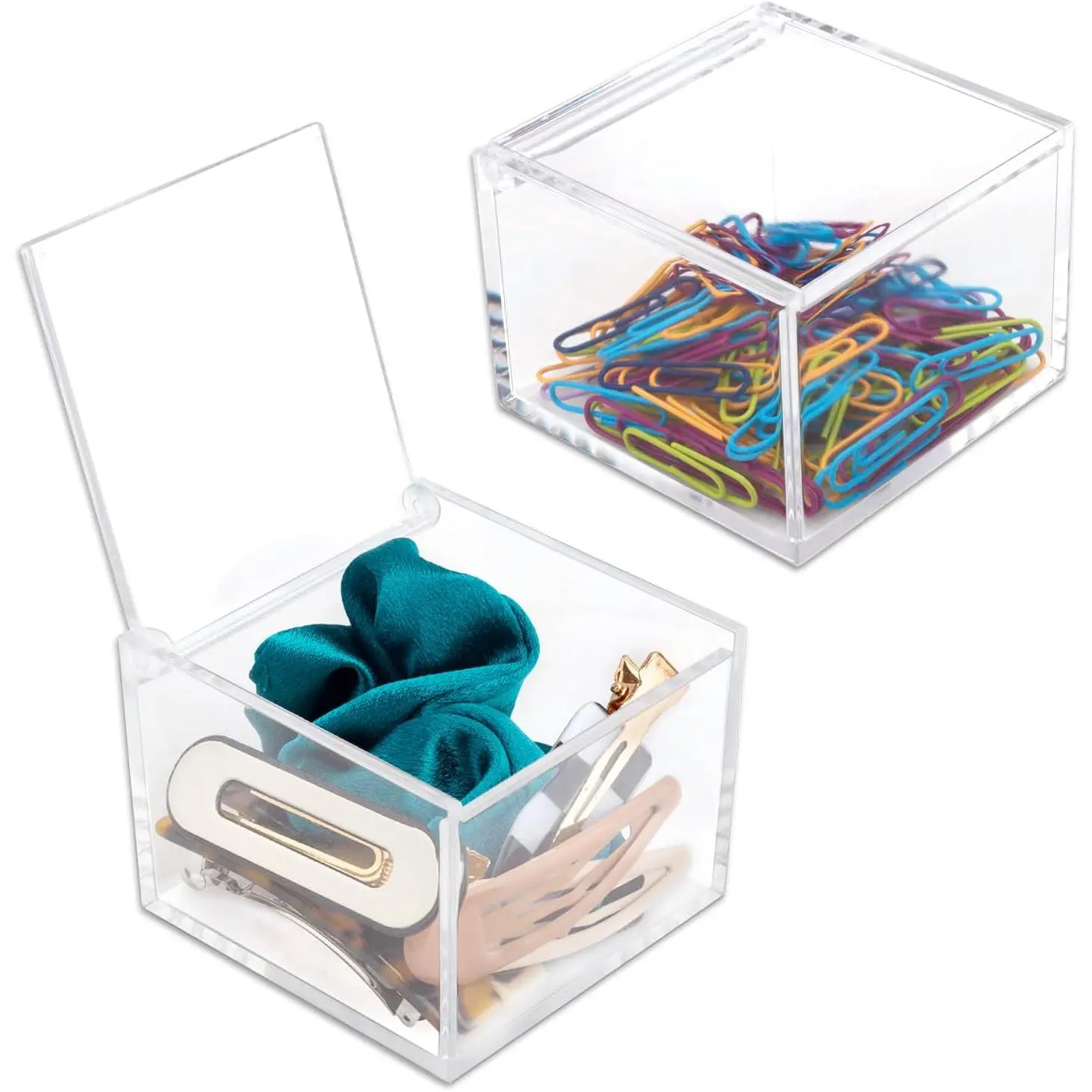 2 Pack Small Clear Acrylic Organizer with Lid for Paper Clips,Sticky Note,Qtip,Cotton Balls,Hair Ties Holder Acrylic Box for Home office Bathroom Desk Organizer