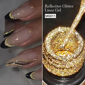 MSRUIOO 5ml Champagne Golden Reflective Glitter Liner Gel Nail Polish,  2 in 1 Ultra-fine Brush Head, Glow-in-dark Sparkling French Style Ultra-Shiny Rhinestone Pull Line Gel Semi Permanent UV Gel for Art Stripe Nail Design