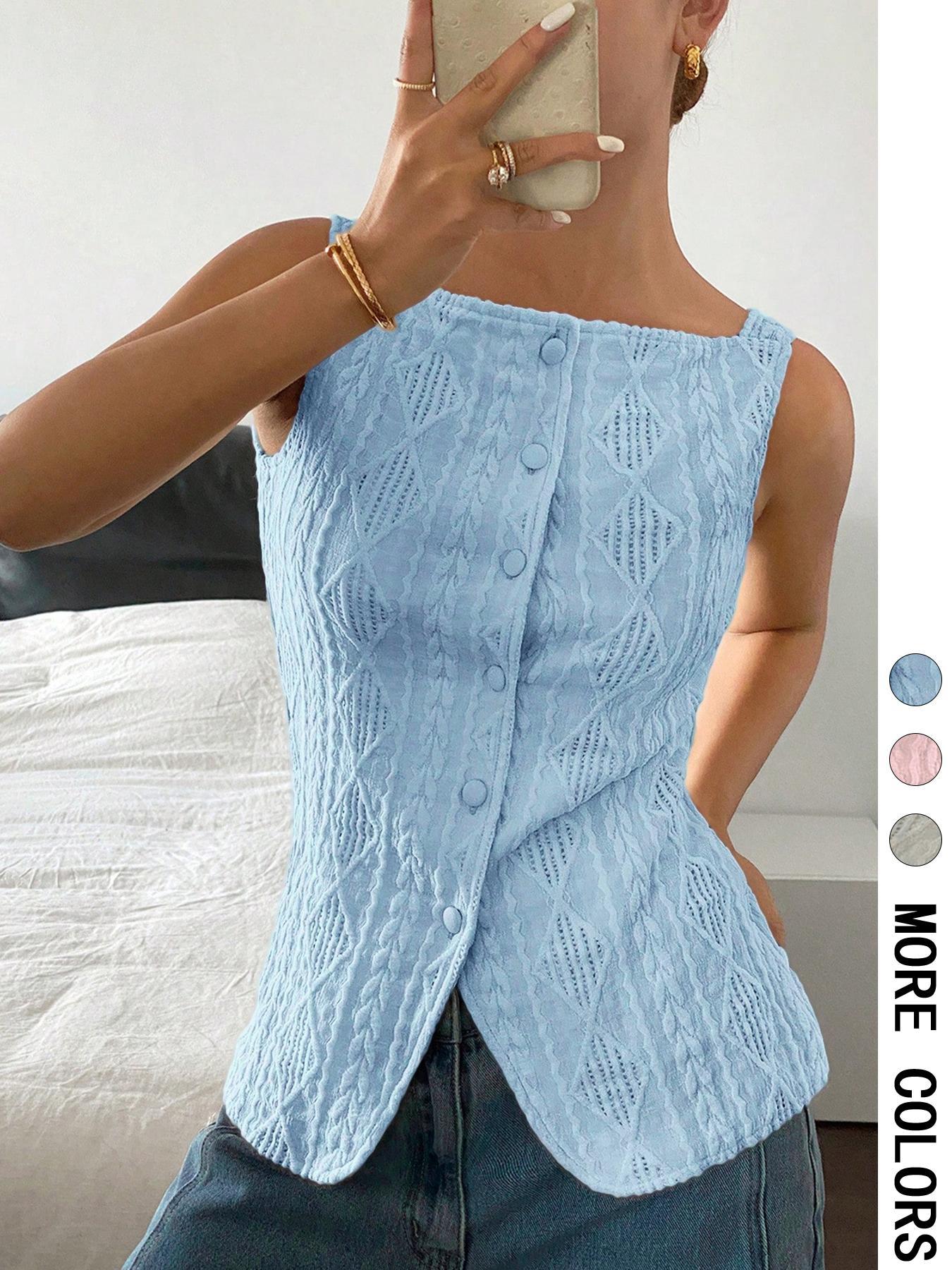 Women's Geometric Pattern Button Front Tank Top, Casual Fitted Sleeveless Top for Daily Wear, Ladies Clothes for All Seasons