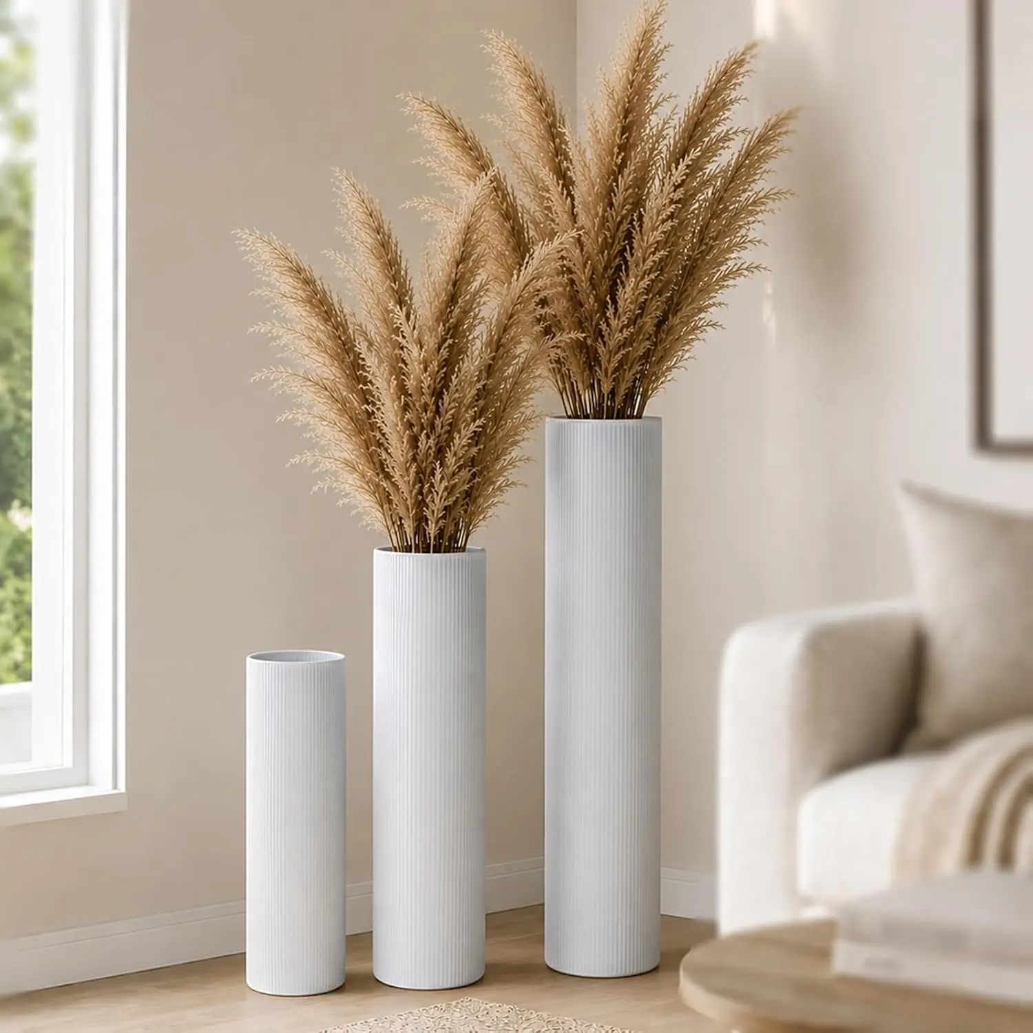 White Tall Ribbed Floor Vase - Set of 3 Metal Large Decorative Vases | 27.6in Long Modern Minimalist Big Cylinder Standing Boho Corner Decor for  Living Room Entryway Pampas Grass