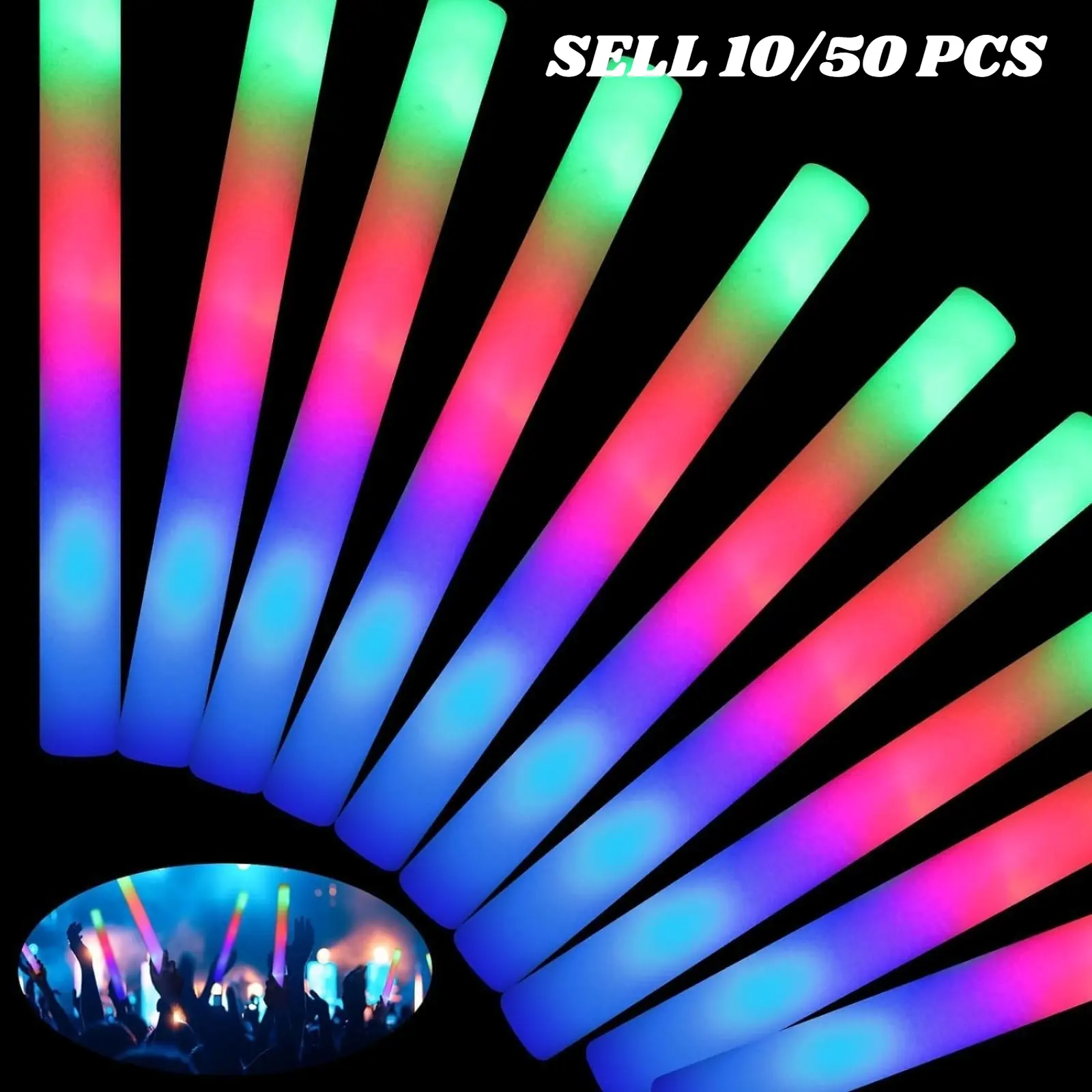 10/50 Foam Glow Sticks with 3 Modes Colorful Flashing, Foam Light Up Sticks, LED Light Sticks, Glow Sticks Party Pack, Glowing Party Favors, Party Gifts, Birthday Favors for Halloween, New Year, Wedding, Raves, Concert, Christmas