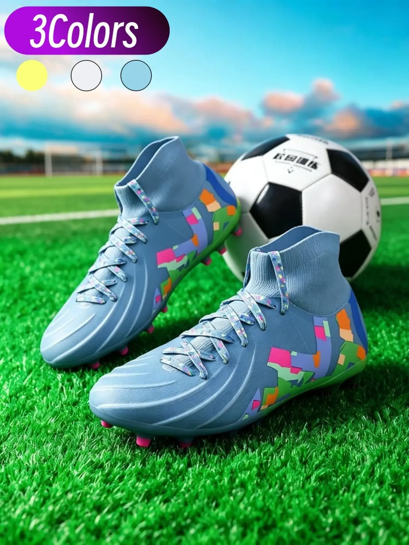 Womens High Top Soccer Shoes Sock Integrated Knit Upper Colorful Trendy Style Geometric Contrast Print Long Stud Outsole Strong Grip For Natural Grass Pitch Soccer Match Training