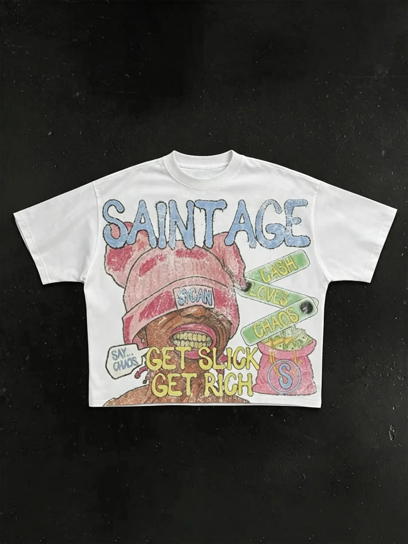 Men's Stylish Cropped T-Shirt Featuring a Vintage-Style Distressed Hip-Hop Character Print; a Casual, Loose-Fitting, Short-Sleeved Crewneck Perfect for Street-Style, Casual, and Everyday Wear.