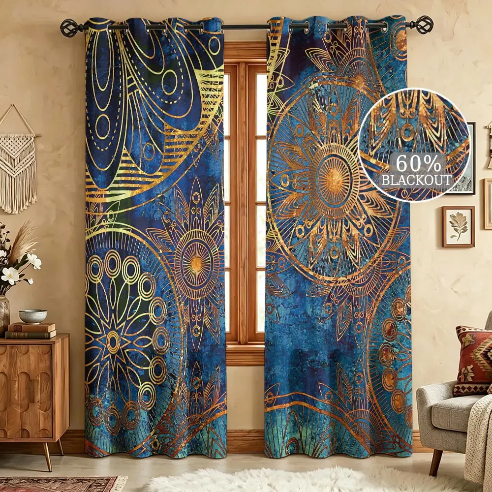 2 Panels 60-65% Boho Blackout Window Curtains,Mandala Print Light Blocking Room Darkening Drapes, Country Farmhouse Style Curtain for Living Room Bedroom Kitchen Home Decor