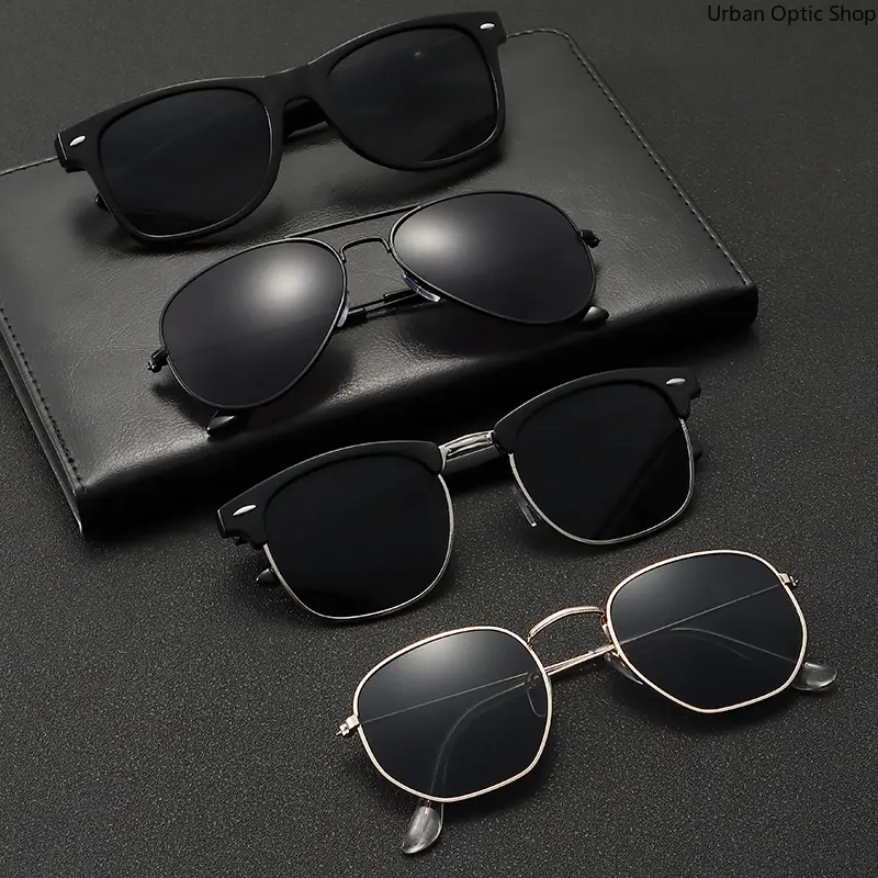 XUH  4 Pack Classic Sunglasses Variety Pack, Wayfarer Aviator Clubmaster Hexagonal Mixed Frames Dark Tinted Lenses, Retro Fashion Eyewear for Driving, Street Style, Party & Daily Casual Wear