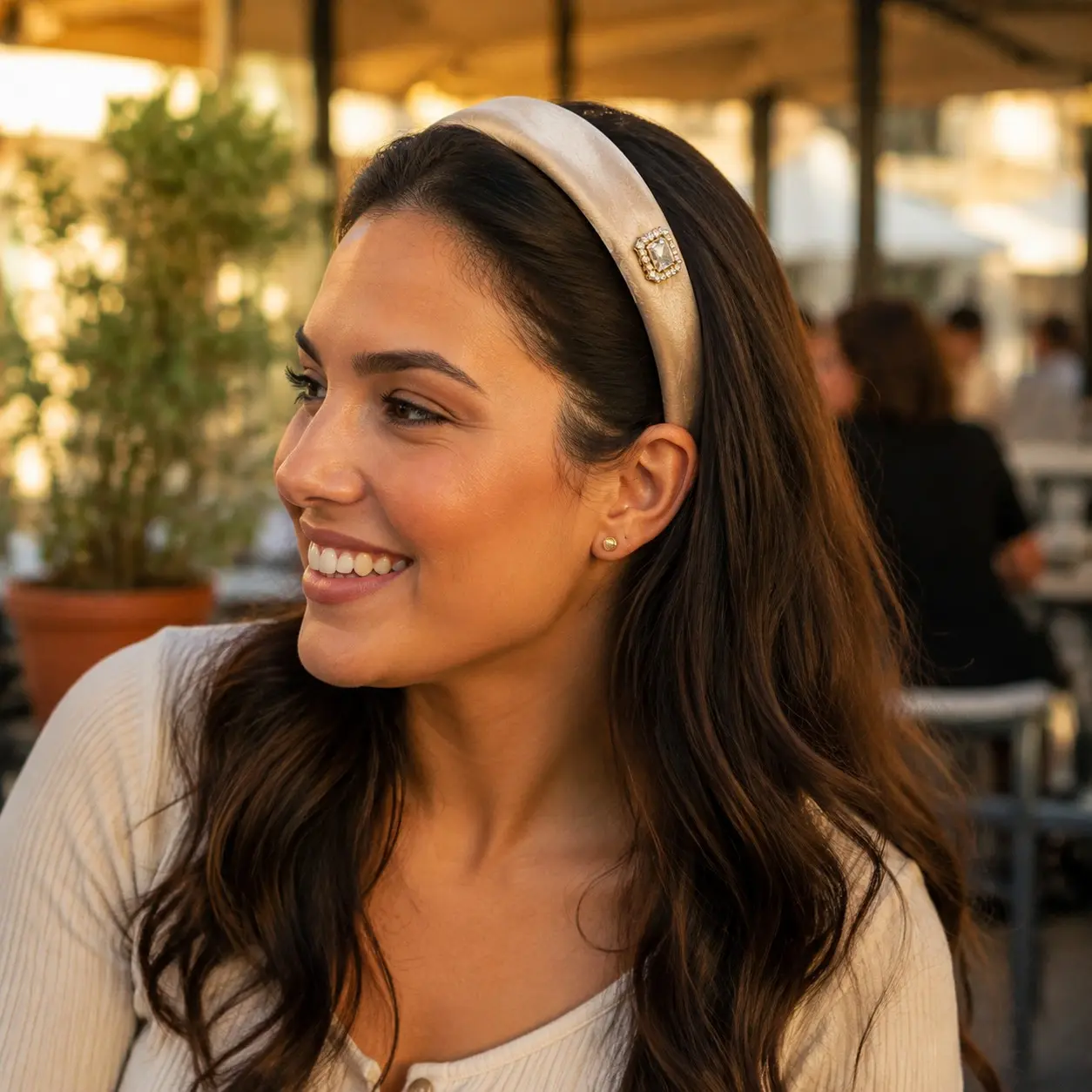 Elegant Champagne Padded Headband with Crystal Accent, Wide Satin Hairband for Women, Comfortable Accessory for Weddings and Daily Use