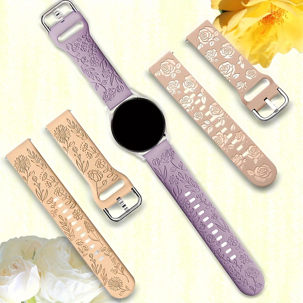 3-Pack Floral Engraved Silicone Watch Bands – 20mm Soft Waterproof Sport Strap for Samsung Galaxy Watch 3–5 & Active 2, Rose & Sunflower Design, Unisex