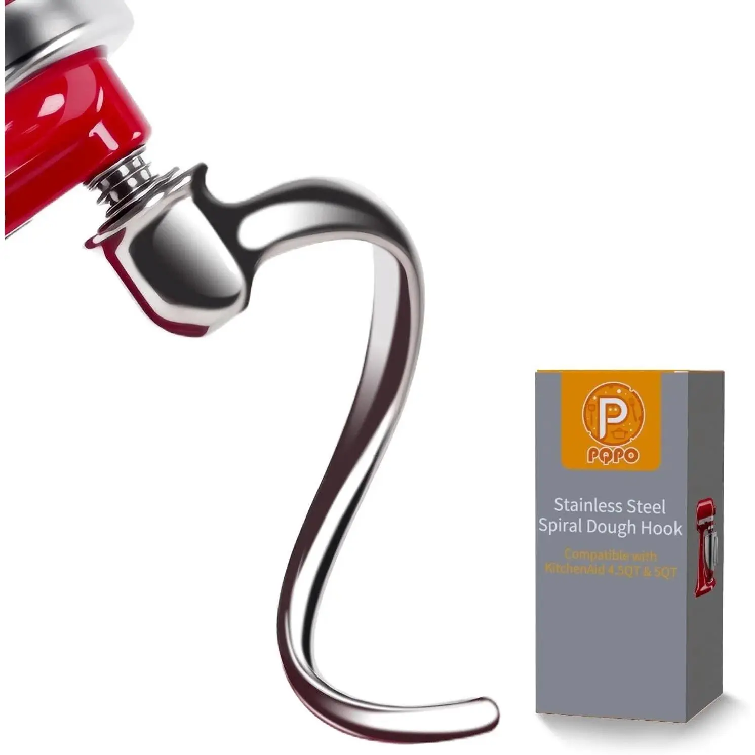 Stainless Steel Spiral Dough Hook for 4.5-5 Quart Tilt-Head Stand Mixers, Dishwasher Safe