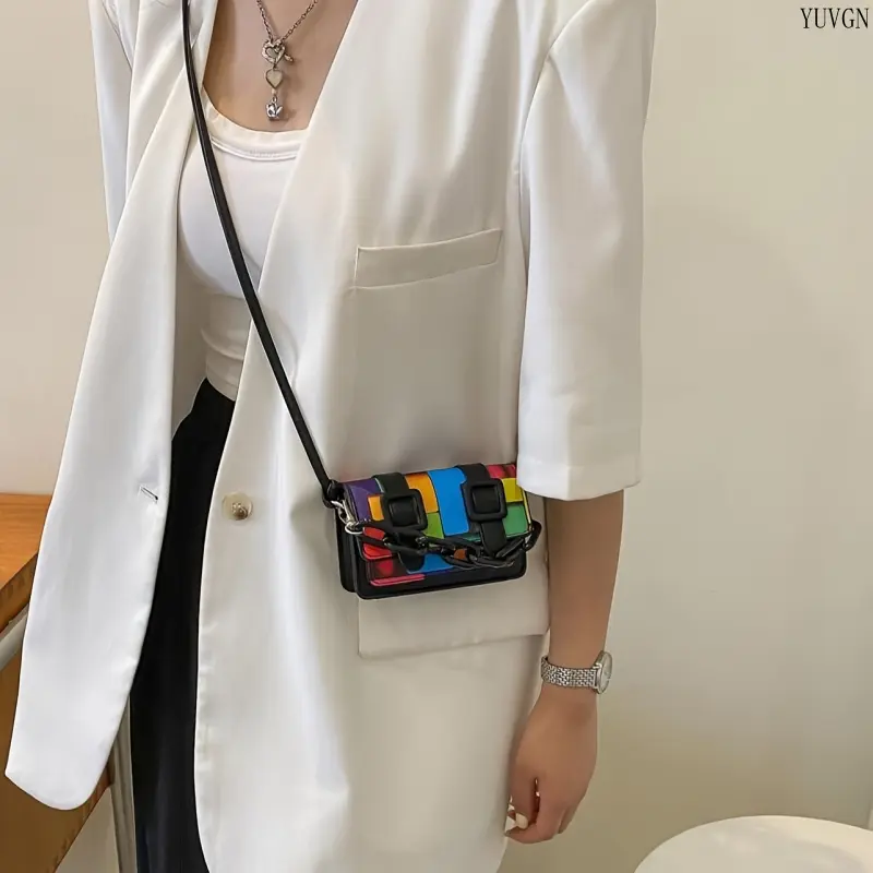 Colorblock Handbags for Women, Sporty Chic Mini Flap Crossbody Bag with Thick Acrylic Chain for Casual & Festival Wear, Crossbody Purse, Crossbody Chain Bag, Fashionable Purse tiktokshopbacktoschool