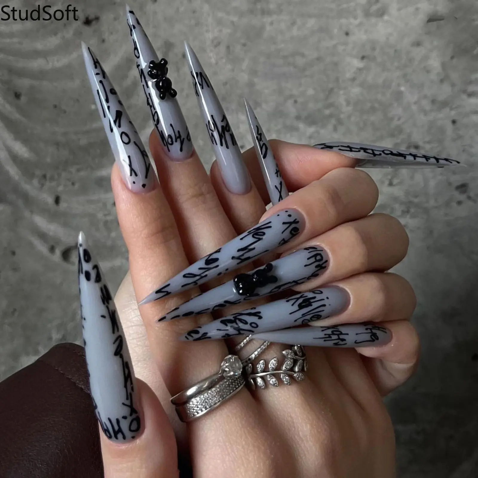 24PCS Y2K Grunge Press on Nails Graffiti Black Lettering Fake Nails Full Cover Extra Long Stiletto 3D Bear Charms Artificial False Fingernails Emo,back to school,back to school haul
