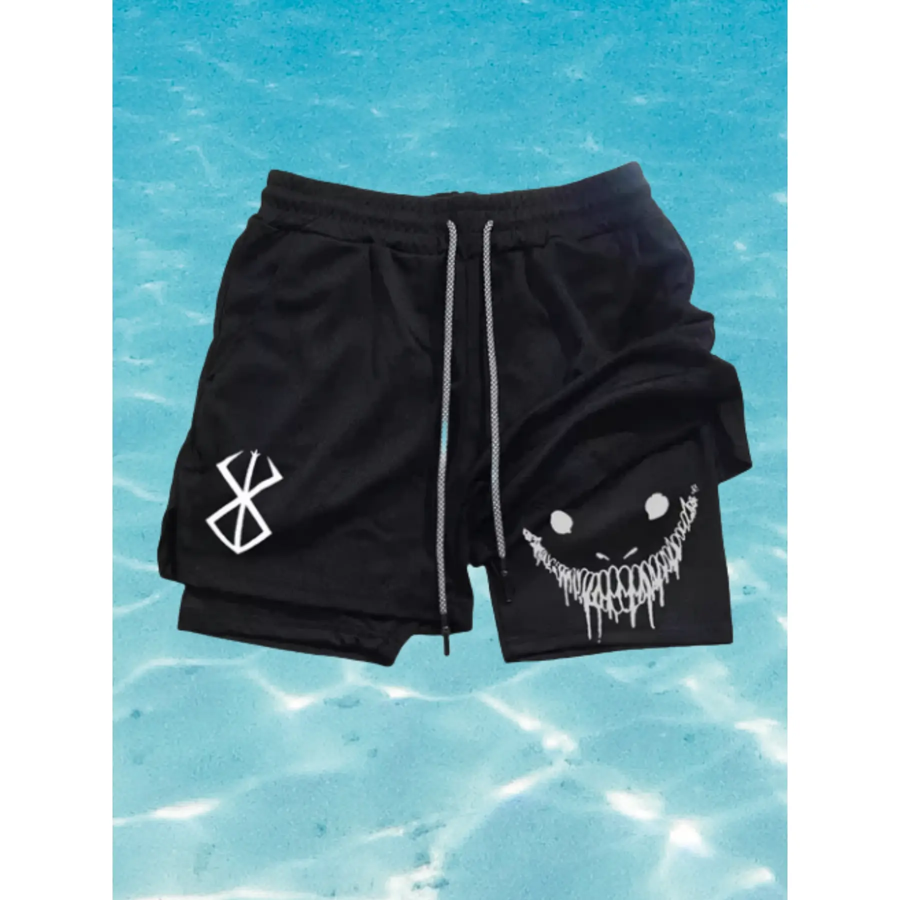 Drippy Demon Grin 2 in 1 Gym Shorts Men Men's 2 in 1 Compression Athletic Shorts Drippy Demon Grin Face Print Double Layer Gym Running Workout Basketball Shorts