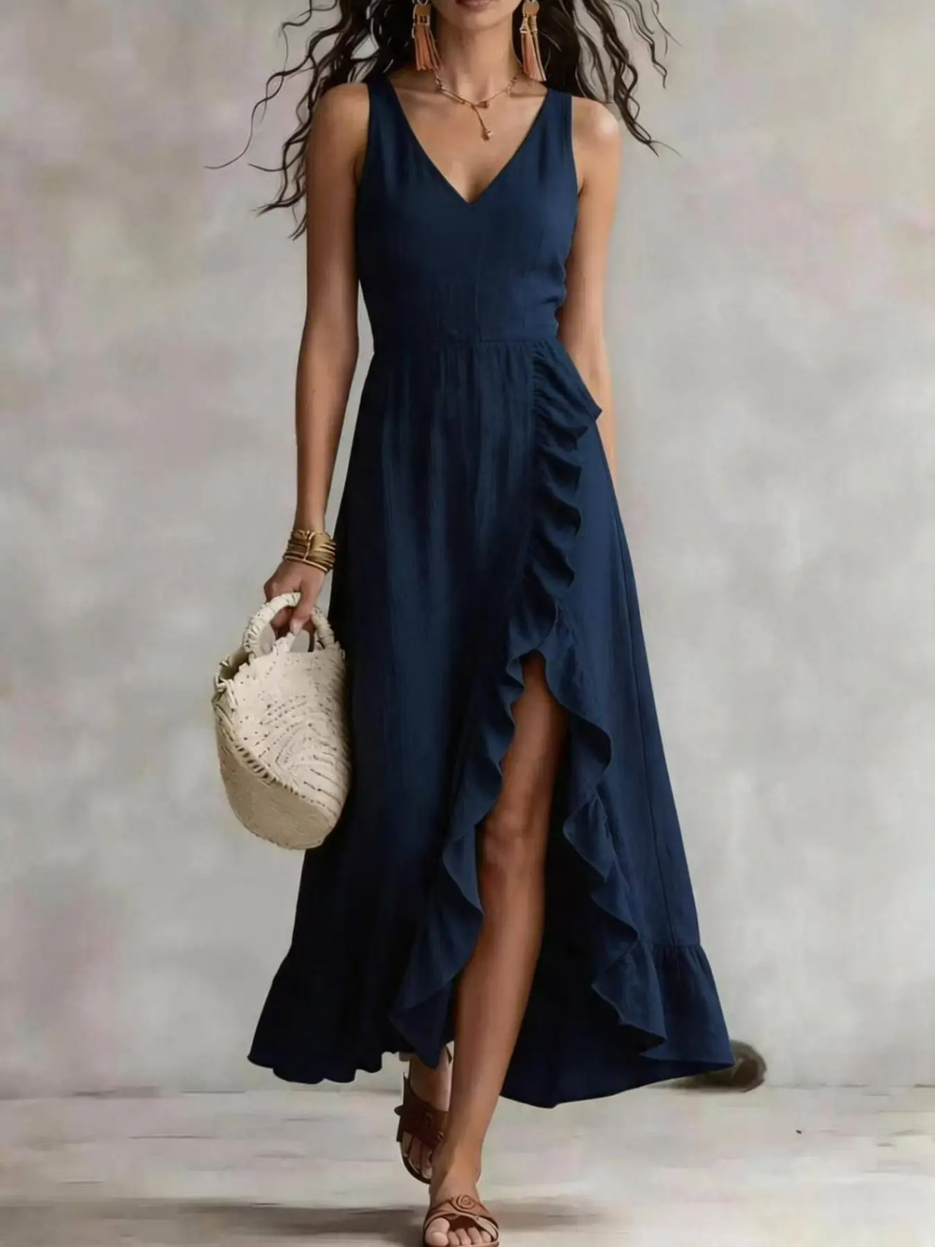 Women's New Summer Sleeveless Dress, V Neck Ruffle Split Long Dress, Elegant Casual Beach Sundress Daily Vacation Feminine, Plain Surface, 88.2 G/m², Beach Holiday Dresses
